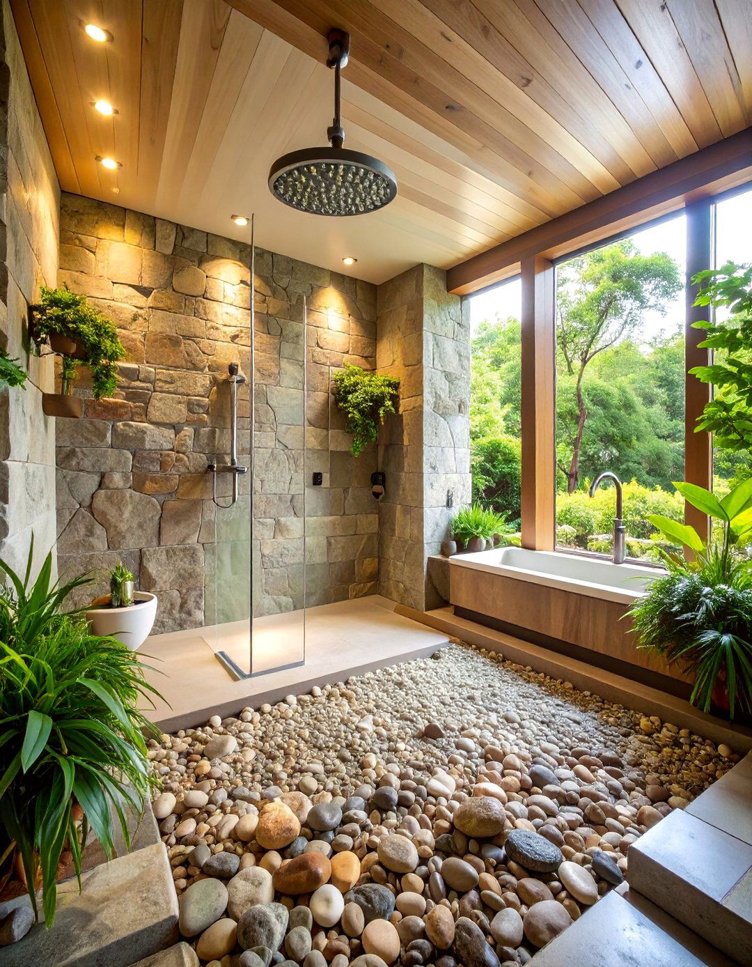 River Rock Shower Floor - 25 Japandi Bathroom Ideas
