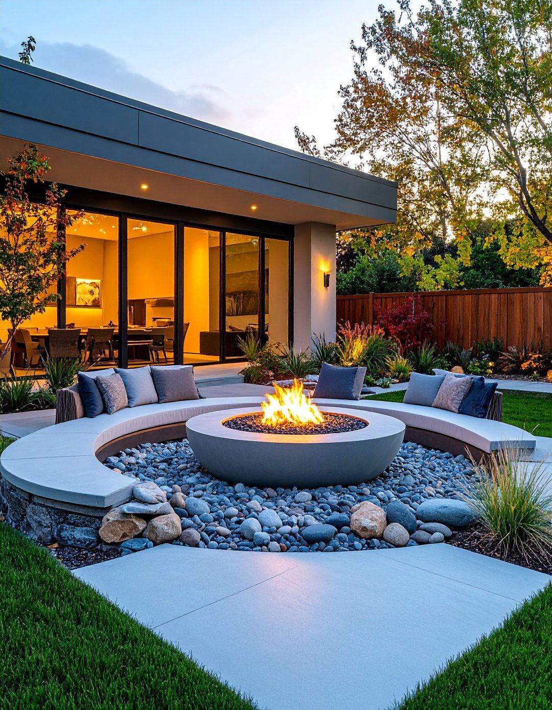 River Rock with Natural Fire Bowl - 25 stamped concrete patio with fire pit ideas