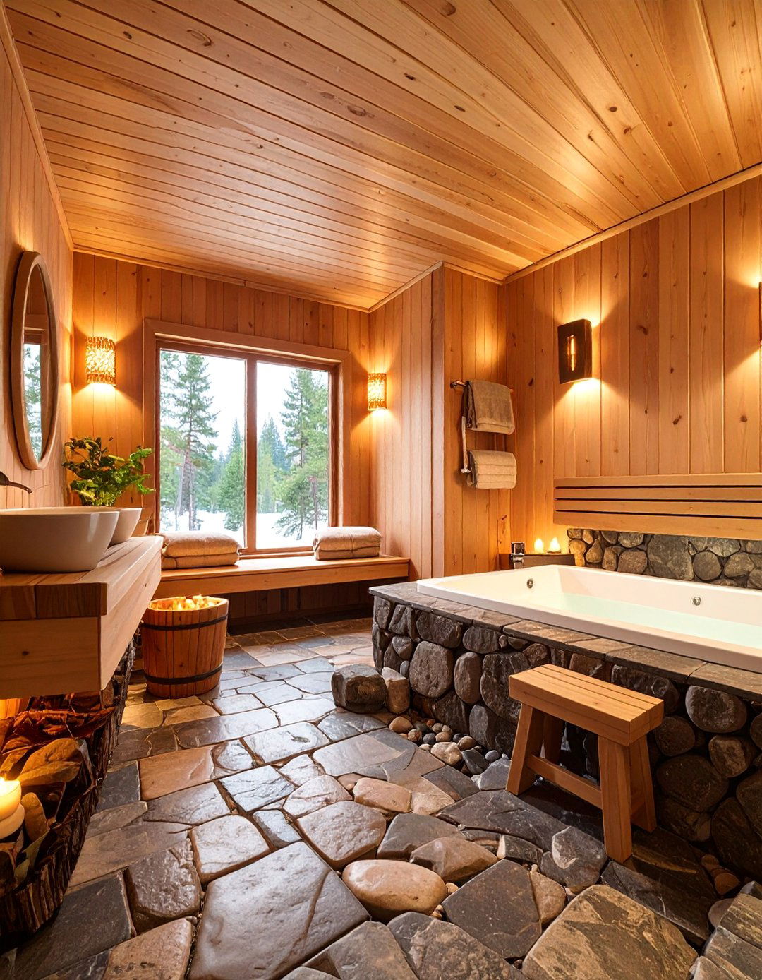 River Stone and Cedar Sauna Inspired Bathroom - 25 Natural Bathroom Ideas