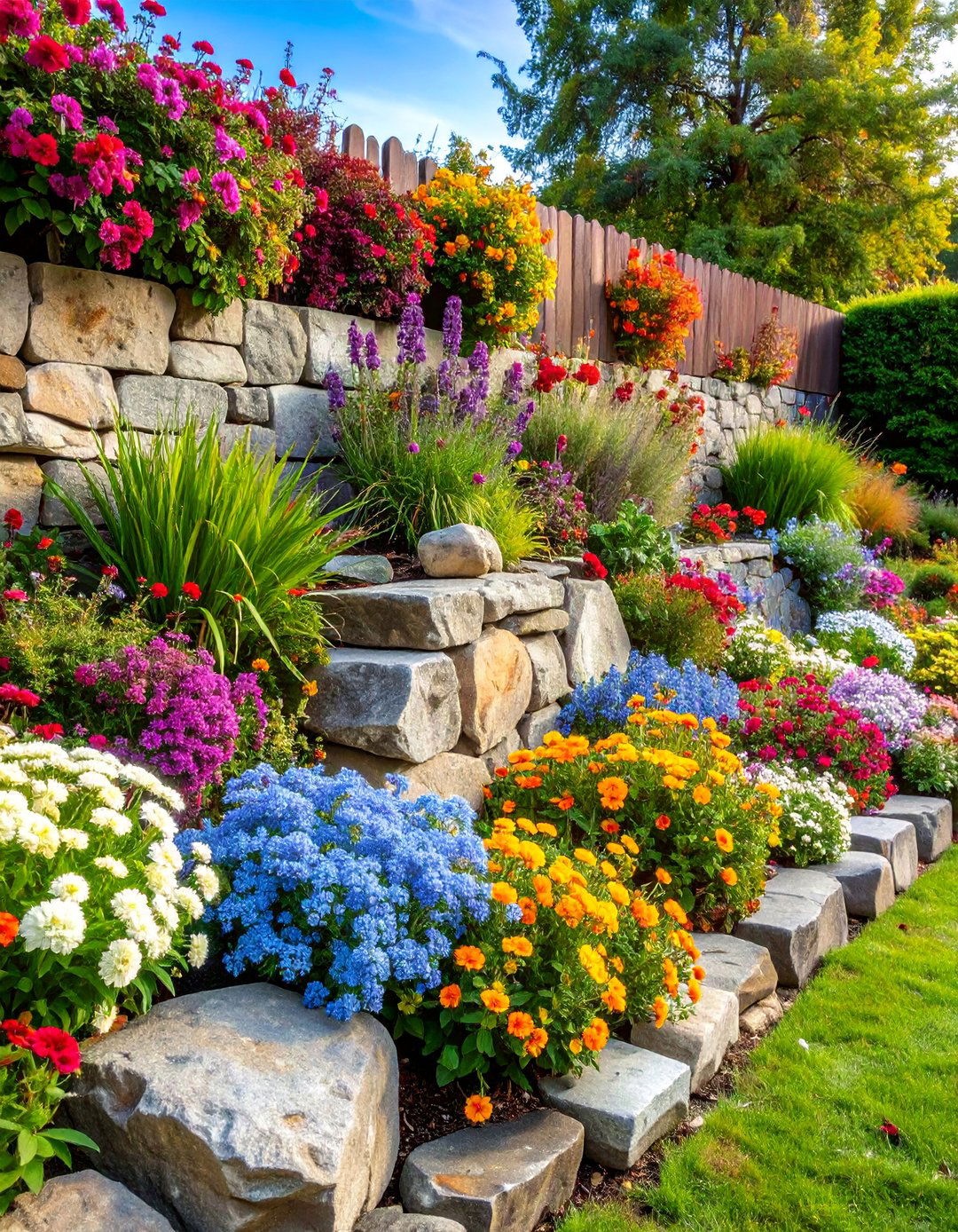 Rock Wall Flower Bed with Cascading Plants - 25 Flower Bed Ideas