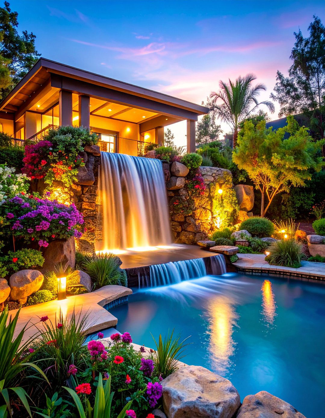 Rock Waterfall Feature with Natural Stone Landscaping - 25 Landscaping Ideas