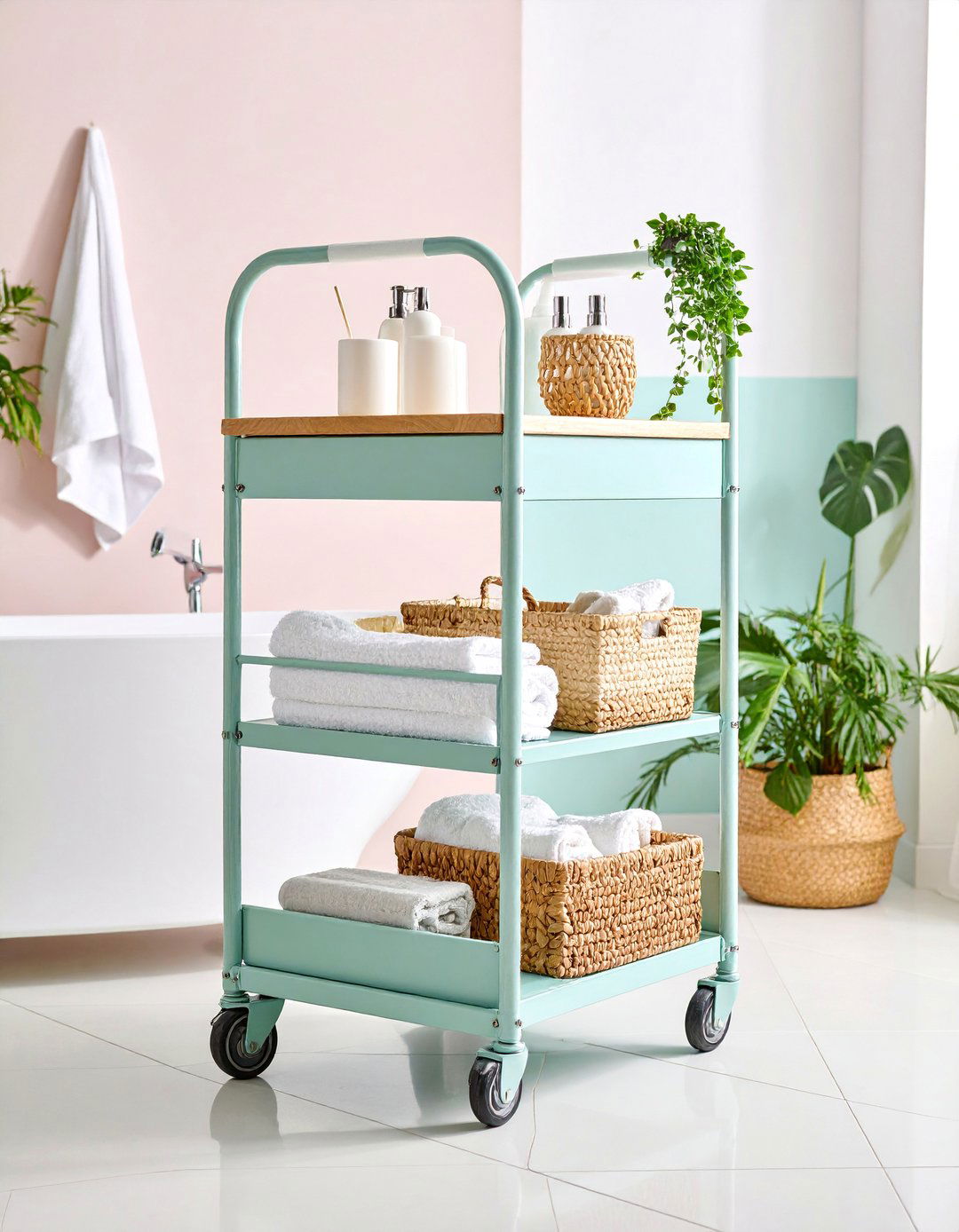 Rolling Cart Station with Multi Level Storage and Mobility - 25 Bathroom Organization Ideas
