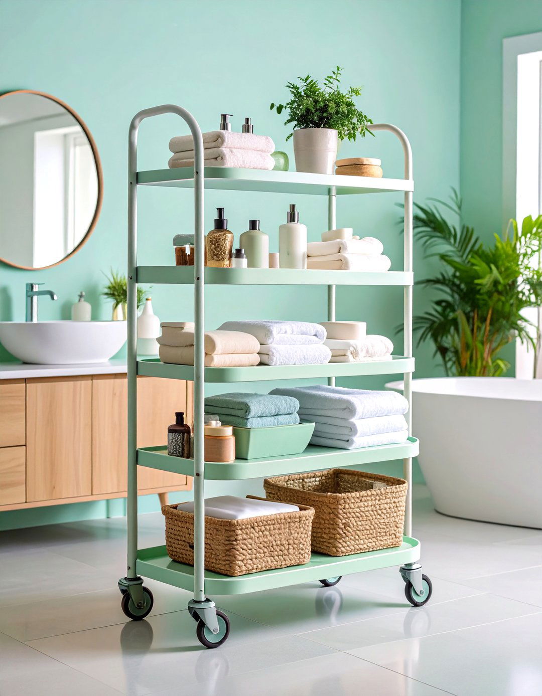 Rolling Cart with Tiered Shelving - 25 Small Bathroom Shelving Ideas
