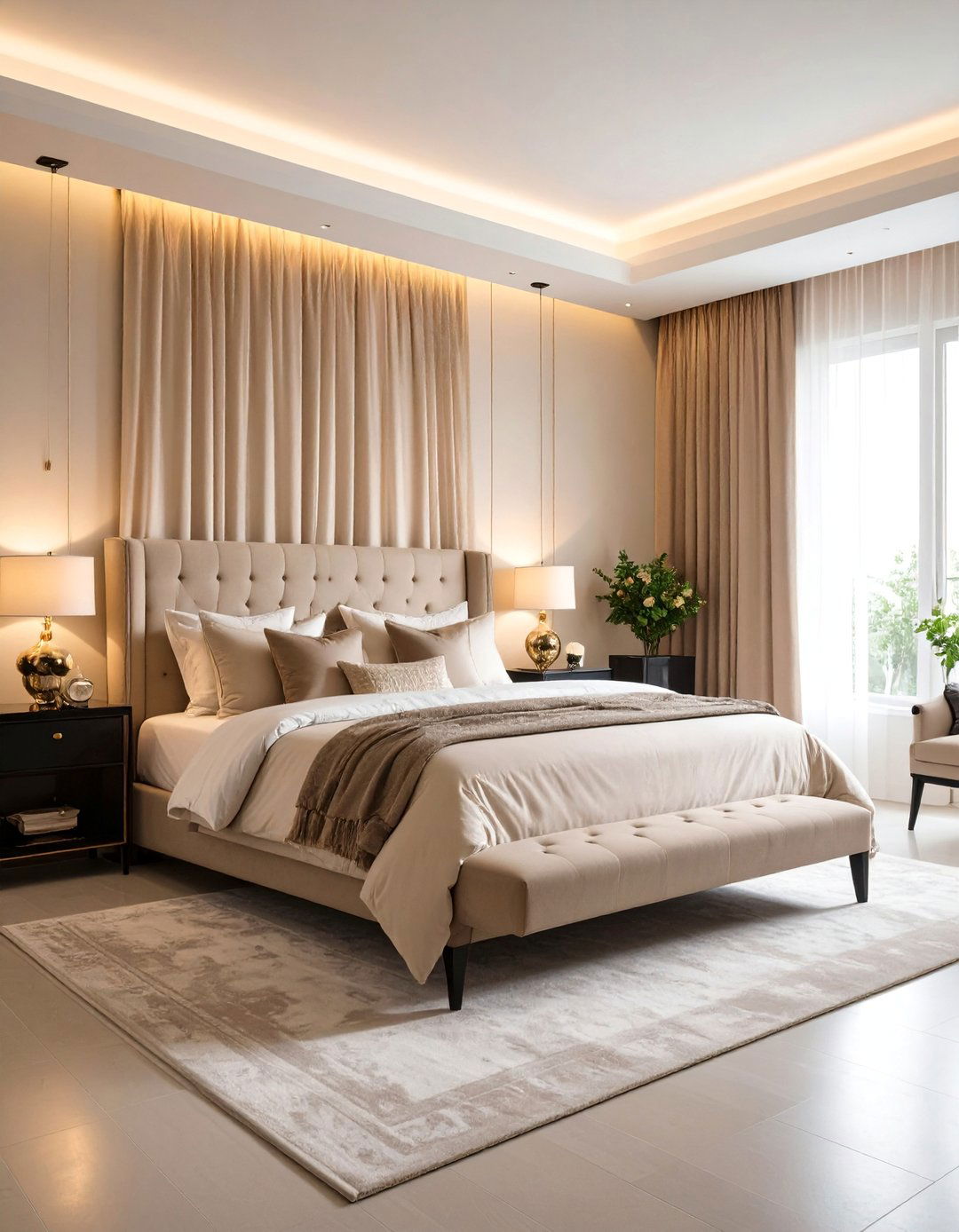 Romantic Bedroom with Soft Lighting - 25 Black and Beige Bedroom Design Ideas