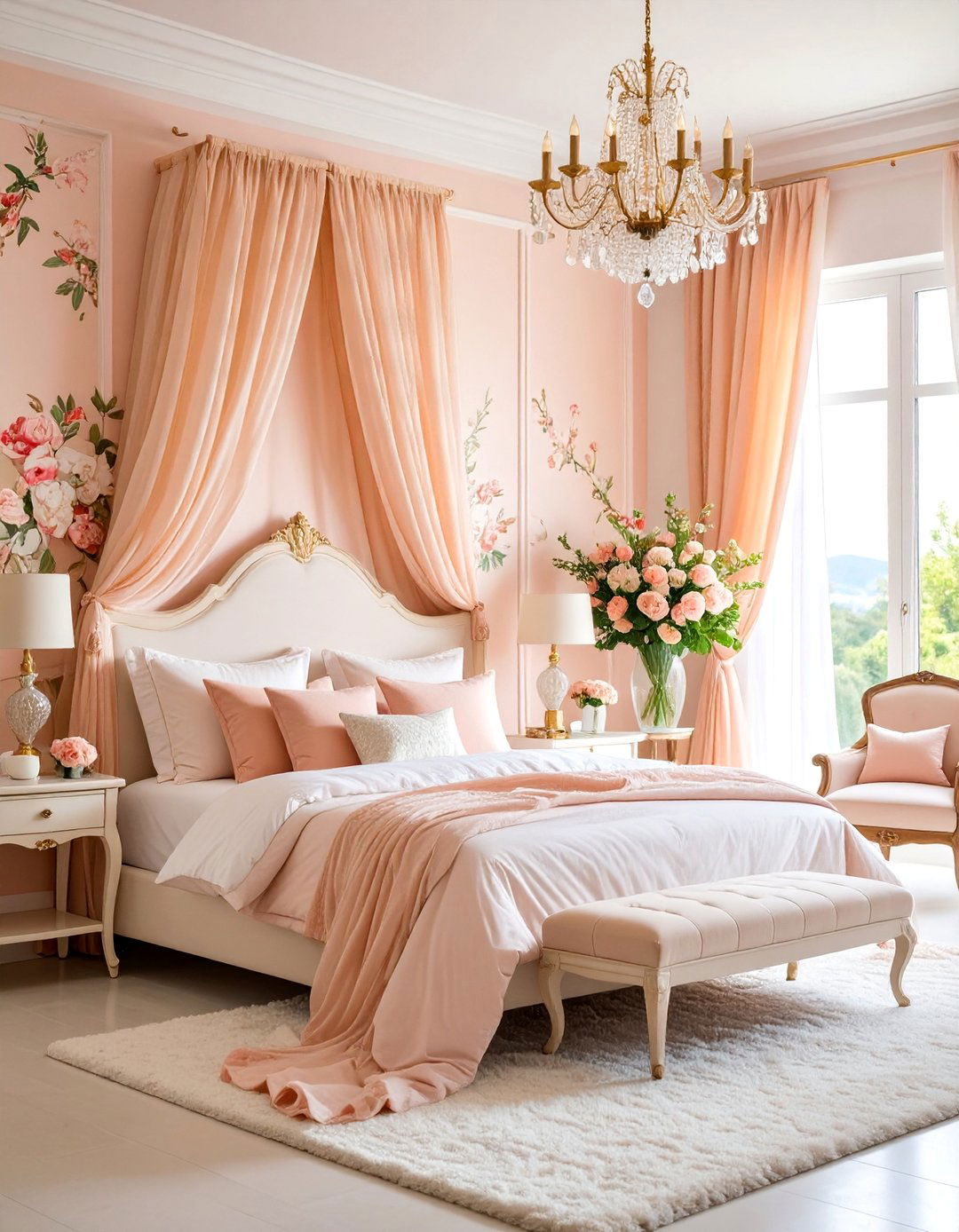 Romantic Peach Bedroom with Soft Florals - 25 Peach Bedroom Ideas