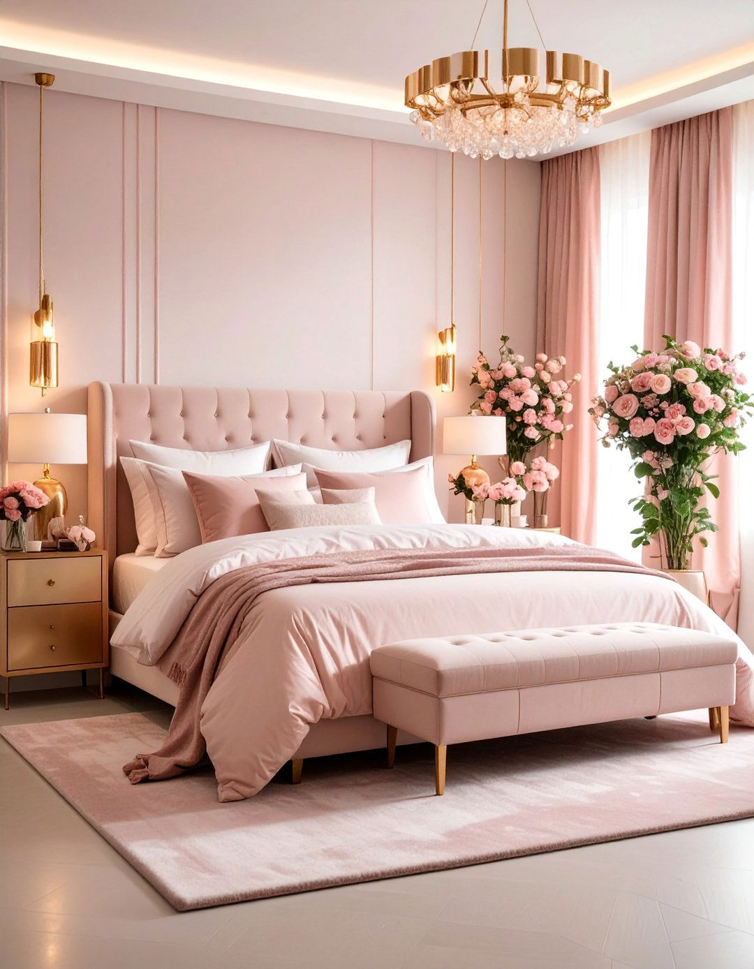 Romantic Rose Gold Bedroom with Blush LED Accents - 25 Aesthetic Room Ideas With Led Lights