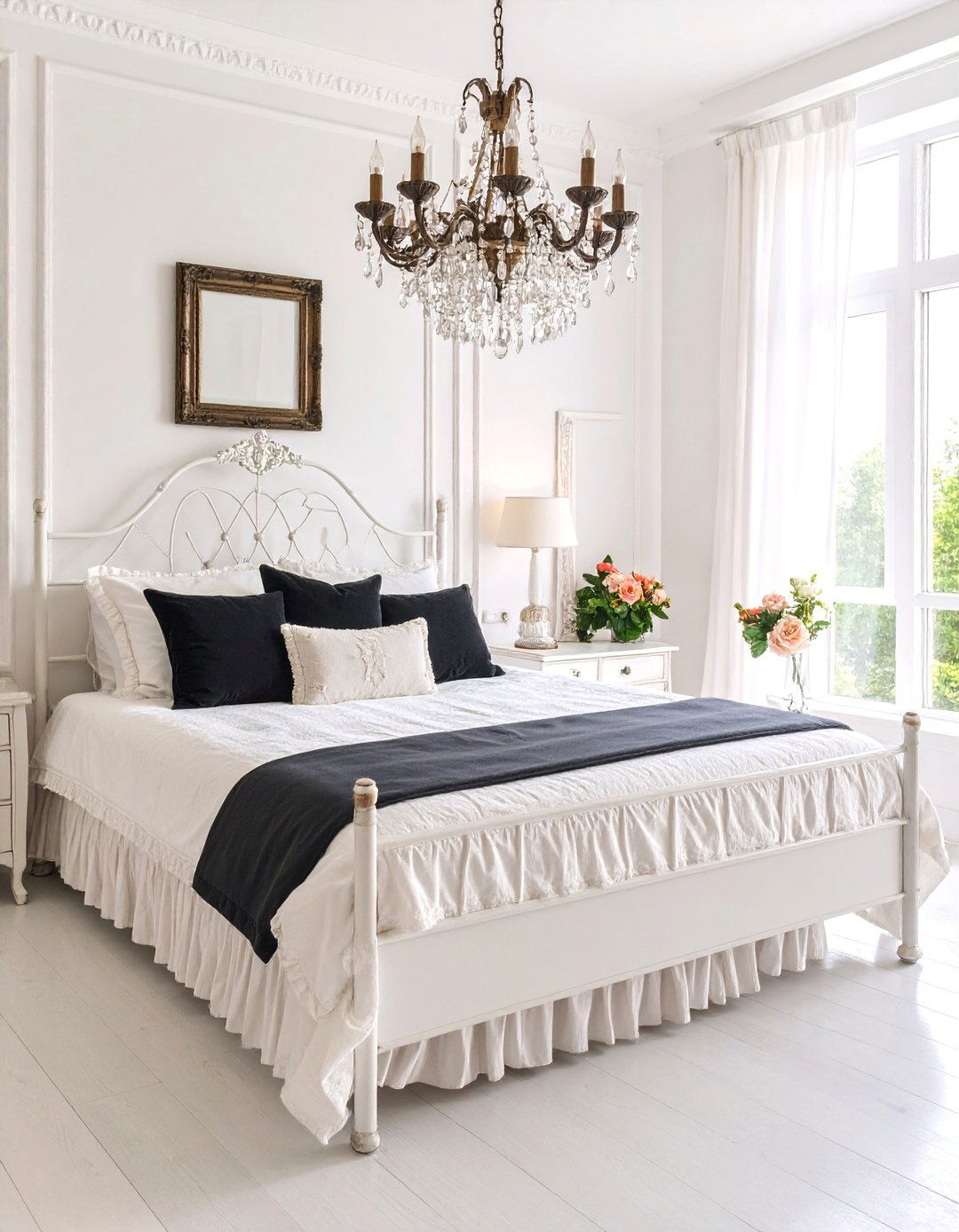 Romantic Shabby Chic with Vintage Lace Accents - 25 Feminine Black and White Bedroom Ideas