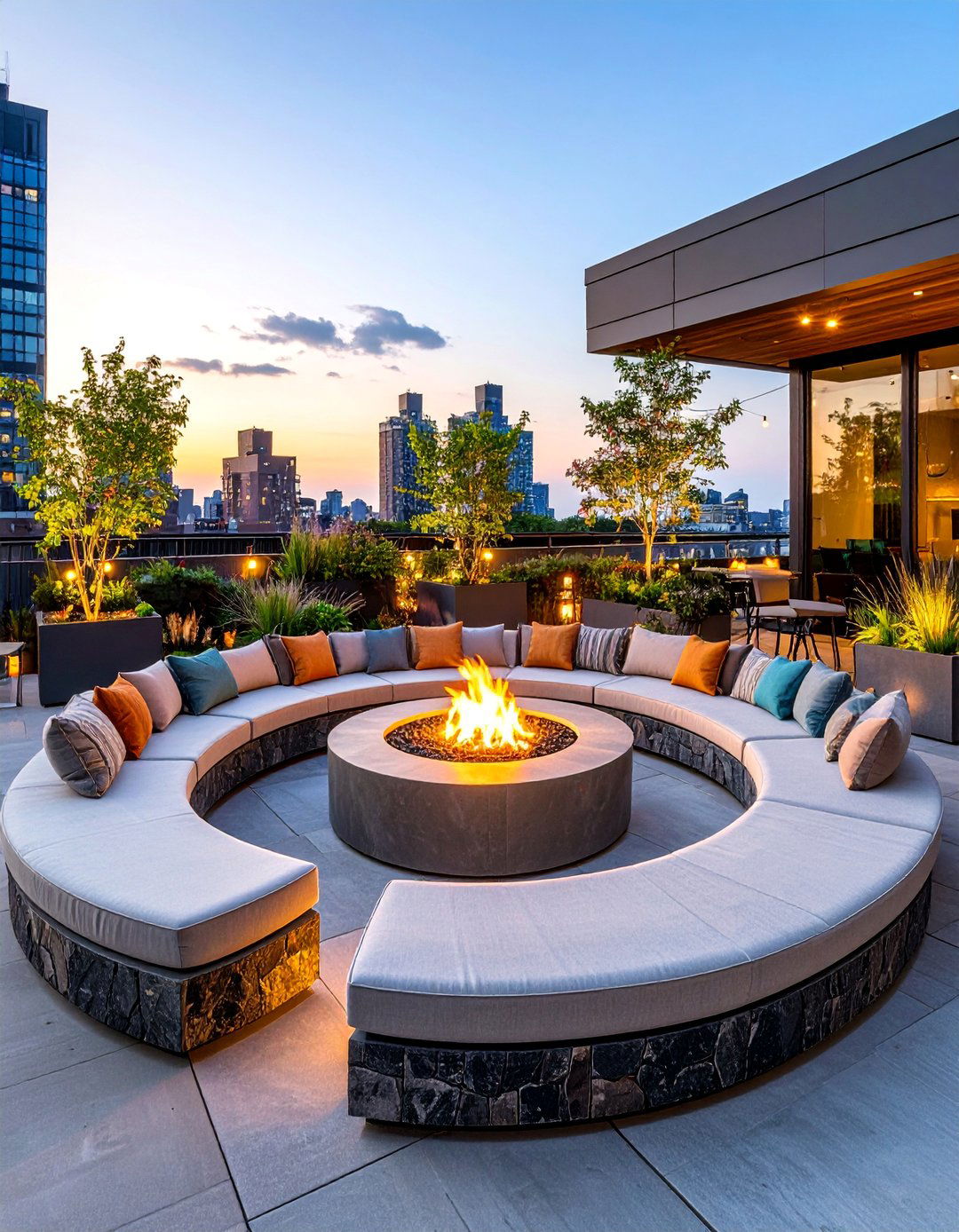 Rooftop Deck Fire Pit Lounge with Built in Seating - 25 Rooftop Deck Ideas