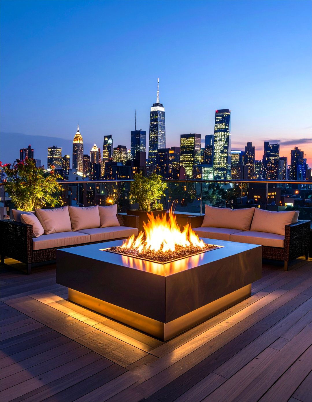 Rooftop Deck with Glass Railings and Modern Fire Feature - 25 Backyard Deck Ideas