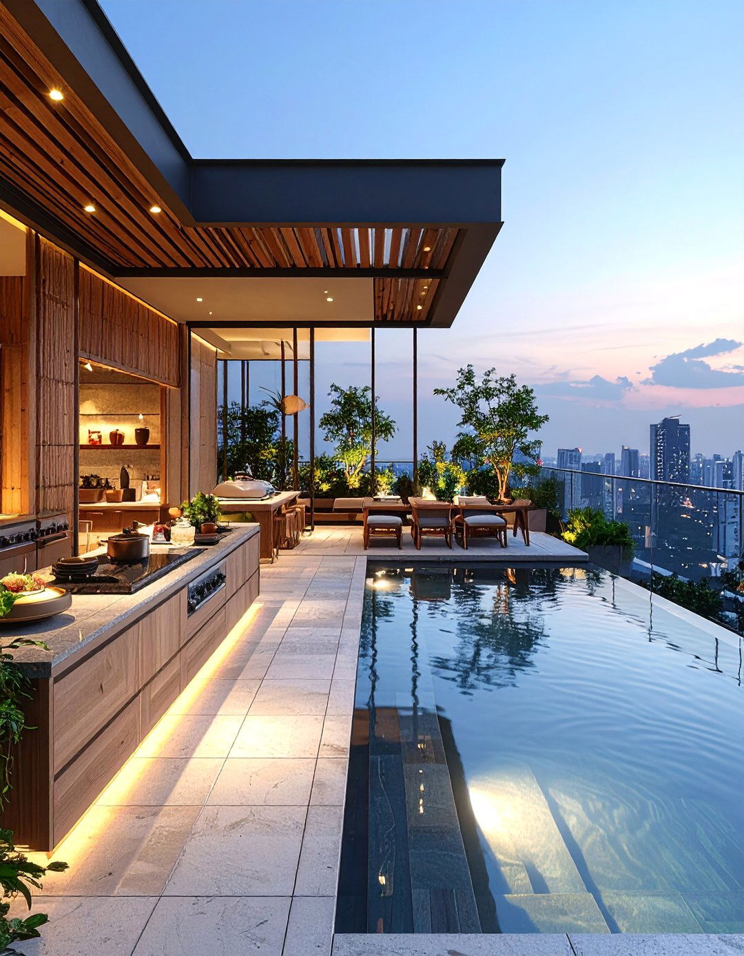 Rooftop Kitchen with Asian Inspired Design and Water Features - 25 Rooftop Kitchen Ideas