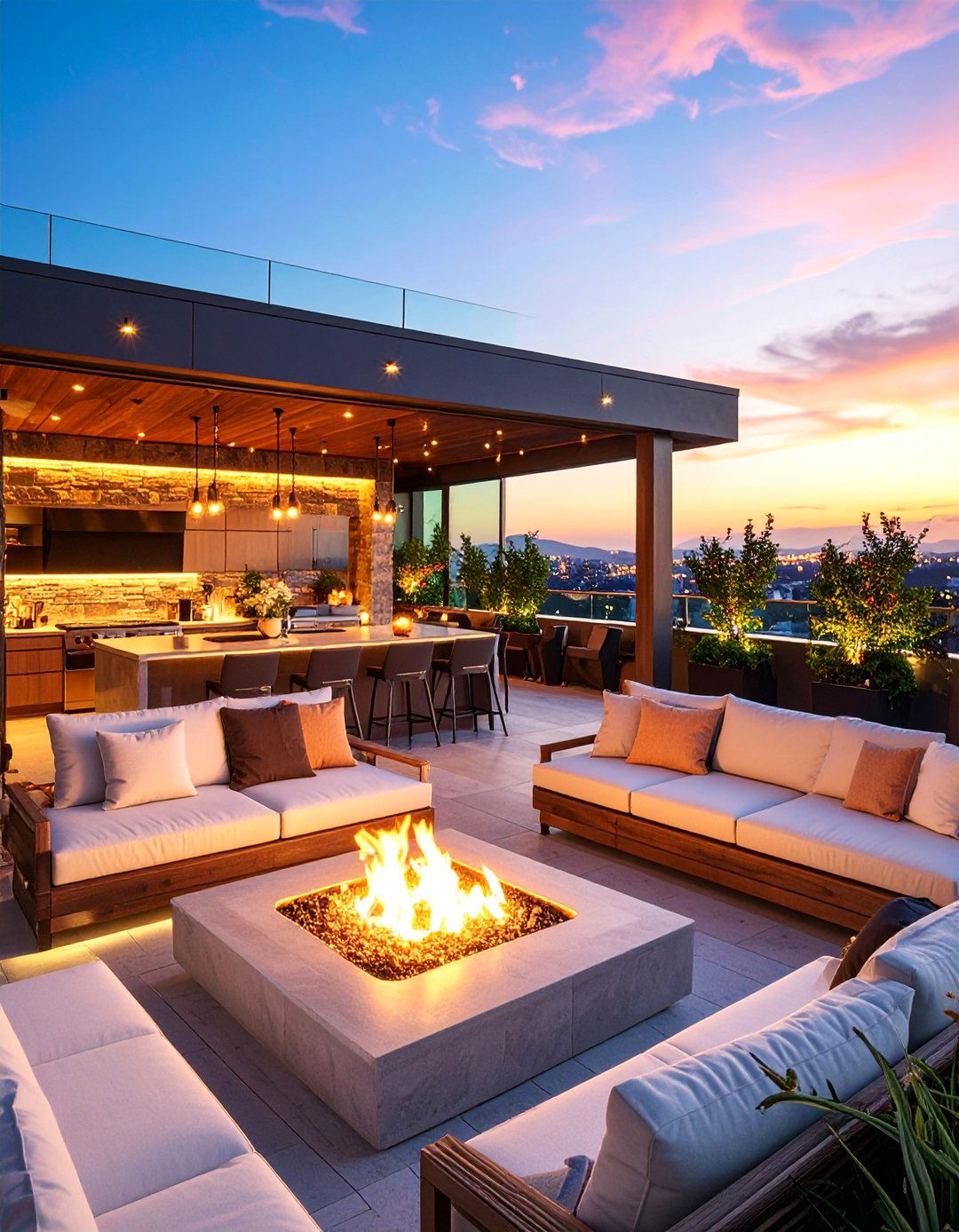 Rooftop Kitchen with Integrated Fire Feature and Lounge Area - 25 Rooftop Kitchen Ideas
