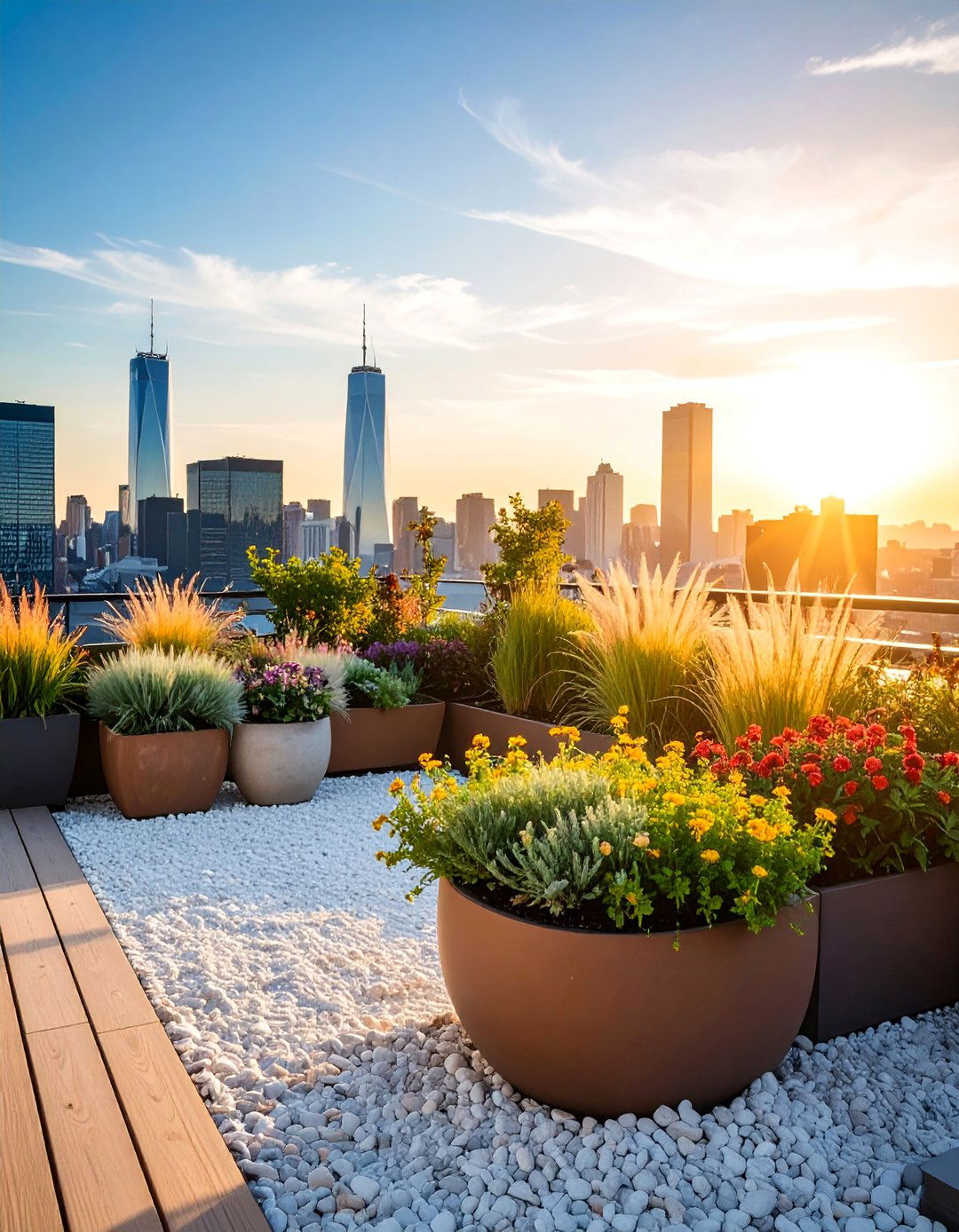 Rooftop White Gravel Container Garden Retreat - 25 White Rock Landscaping Ideas