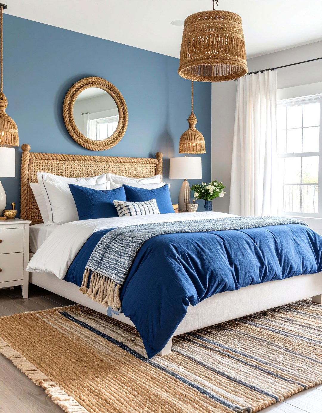 Rope Detail Coastal Bedroom with Nautical Lighting - 25 Coastal Bedroom Ideas