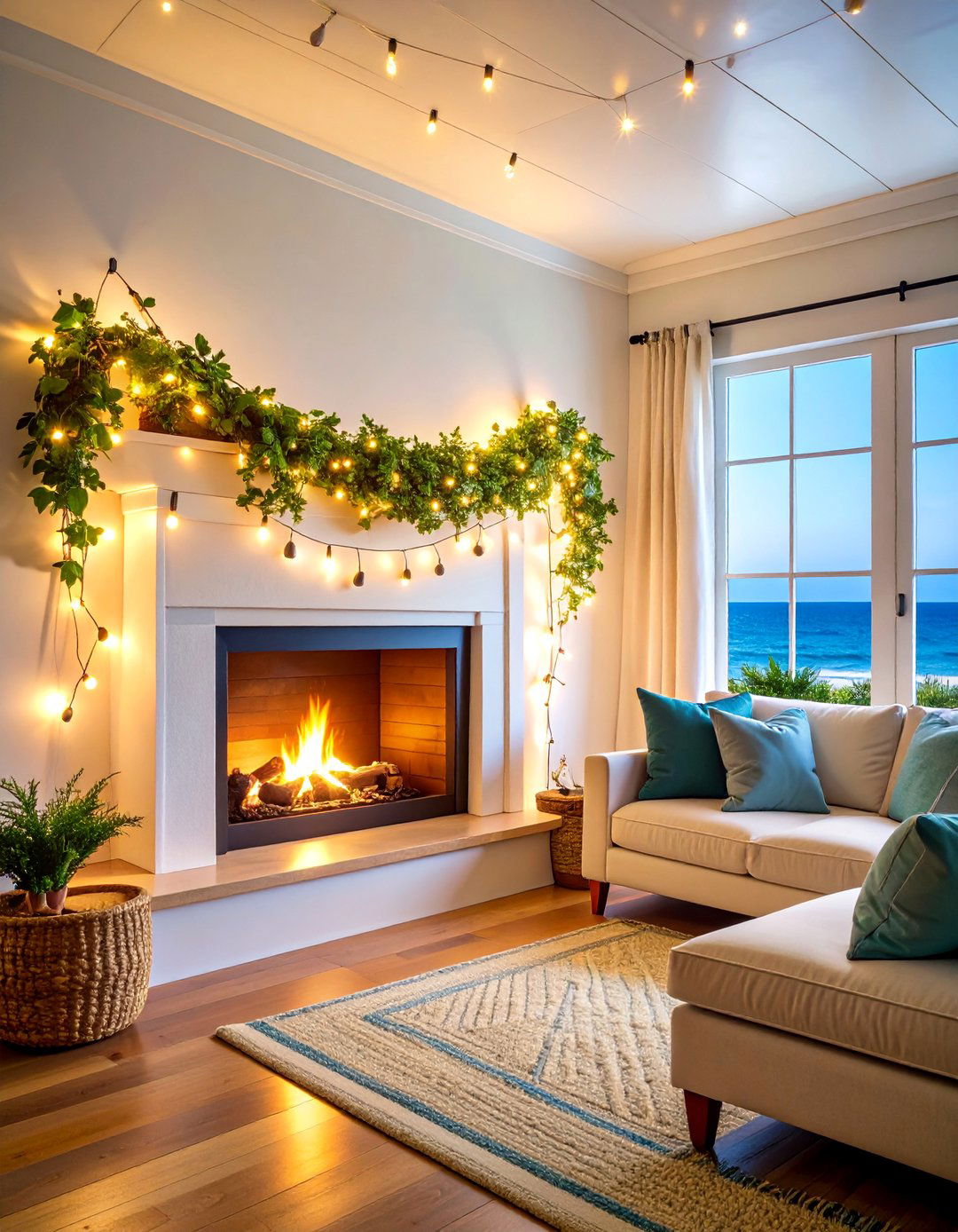 Rope Light Garland with Coastal Cottage Charm - 25 Fireplace Mantel Lighting Ideas