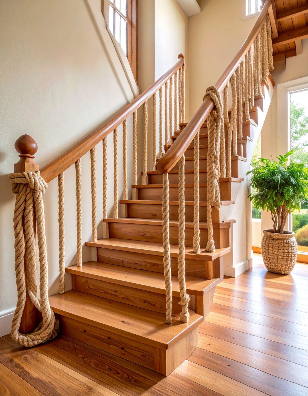 Rope and Natural Wood Branch Railings - 25 Farmhouse Rustic Stair Railing Ideas