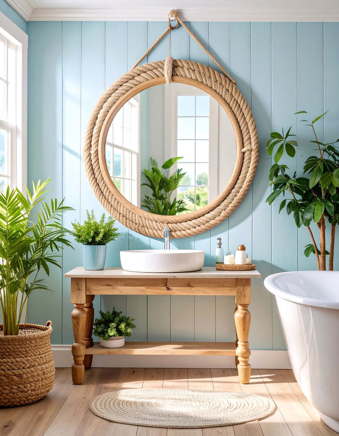 Rope and Wood Combined Mirror with Nautical Farmhouse Appeal - 25 Farmhouse Bathroom Mirrors Ideas