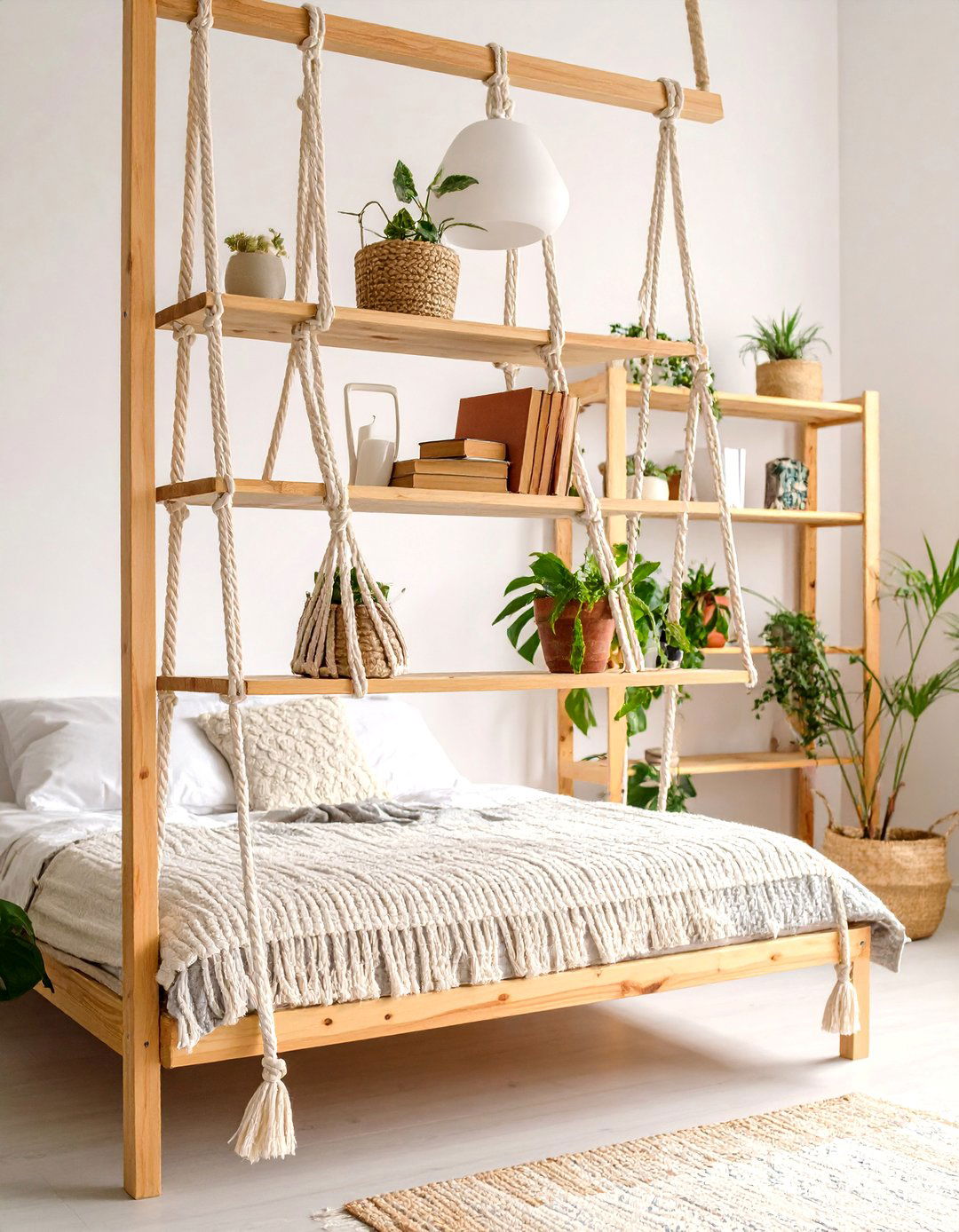 Rope and Wood Hanging Shelves - 25 Bedroom Shelving Ideas