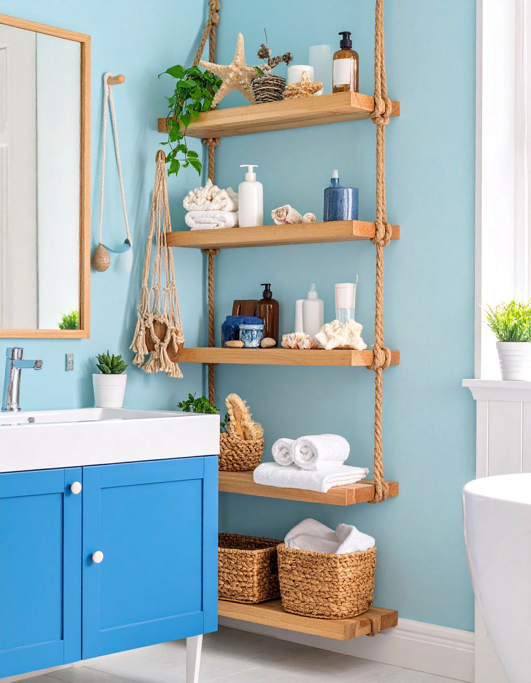 Rope and Wood Nautical Theme - 25 Over Toilet Storage Ideas