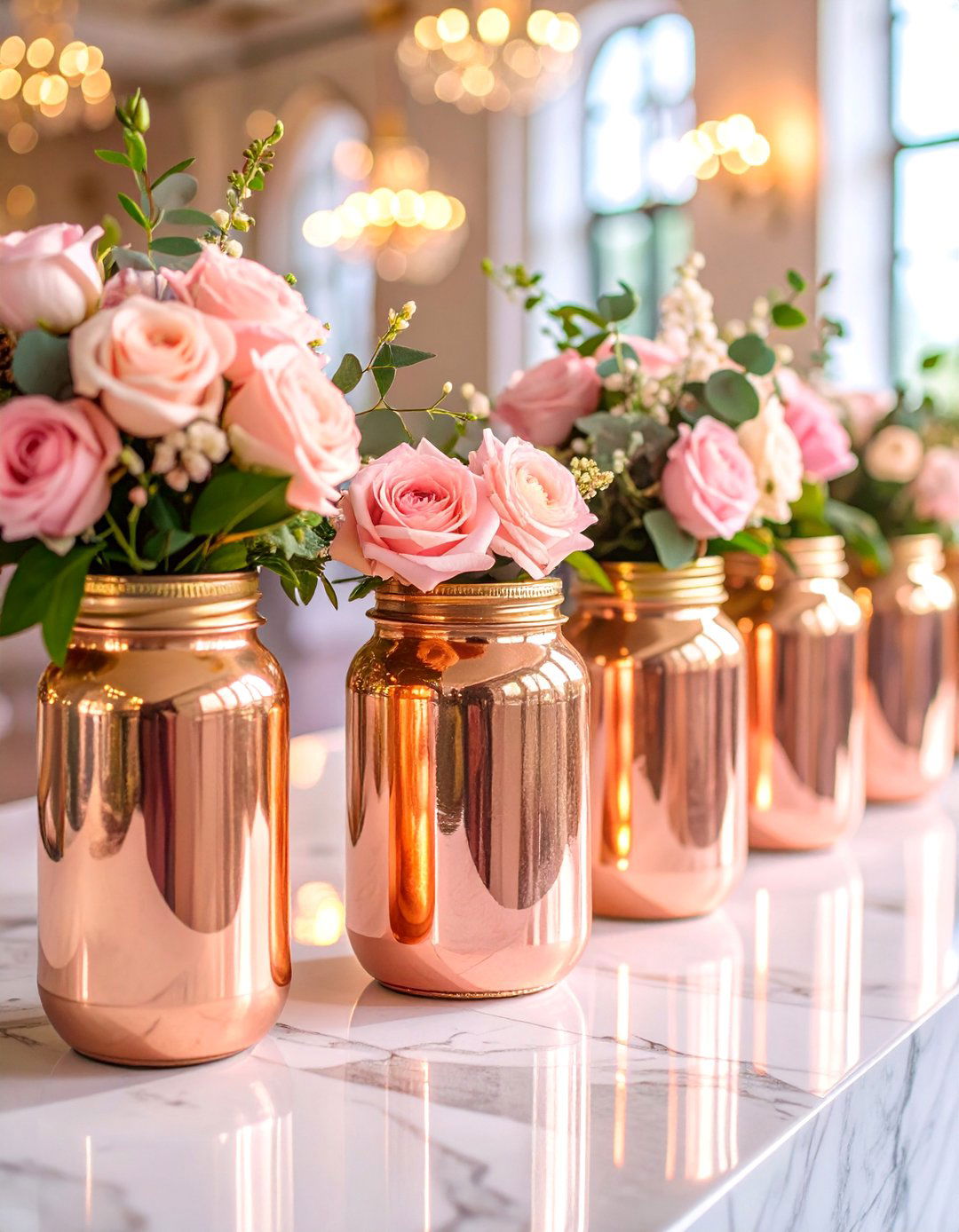 Rose Gold Metallic Mason Jar Display - 25 Mason Jar Wedding Centerpieces