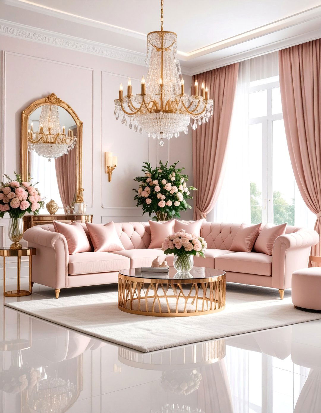 Rose Gold Sofa with Modern Glam - 25 Pink Couch Living Room Ideas