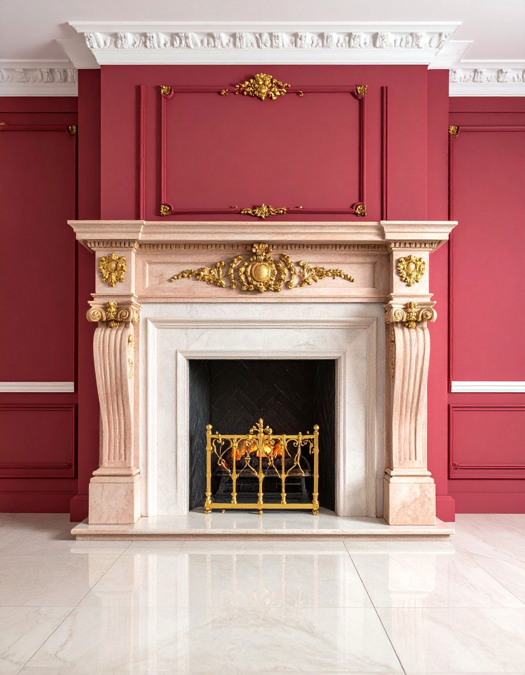 Rosso Verona Marble Fireplace with Italian Renaissance Styling - 25 Marble Fireplace Ideas