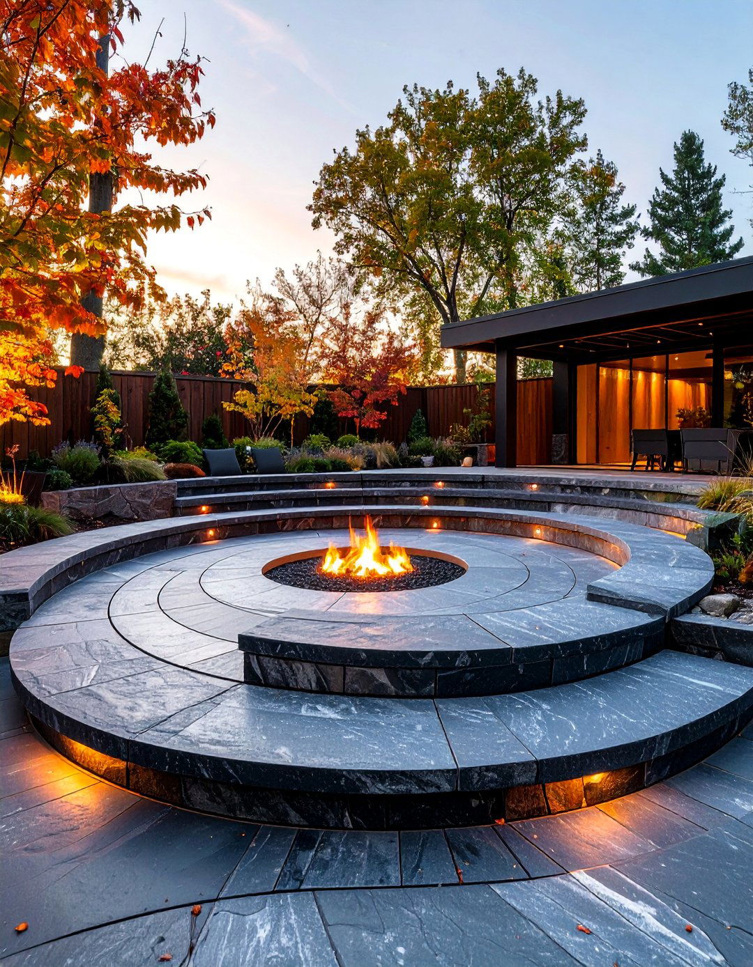 Rough Cut Stone with Sunken Fire Circle - 25 stamped concrete patio with fire pit ideas