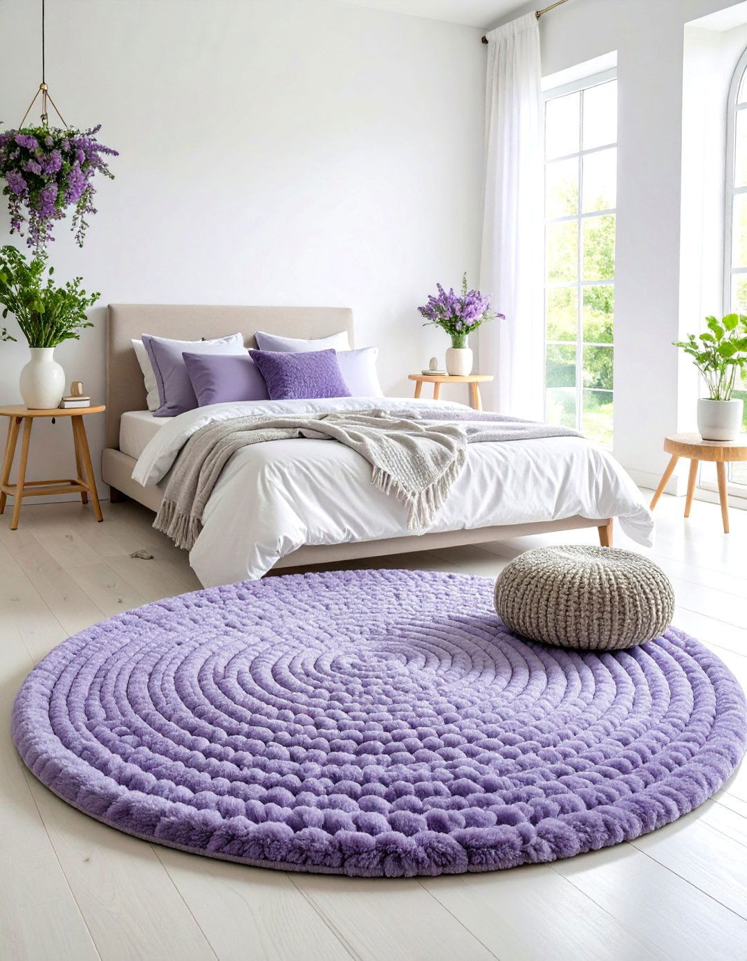 Round Bedroom Rug in Soft Lavender Tones - 25 bedroom rug ideas