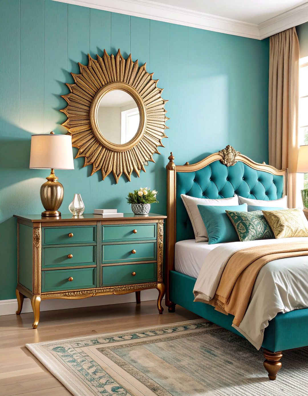 Round Sunburst Mirror Above Nightstand - 25 Bedroom Mirror Ideas