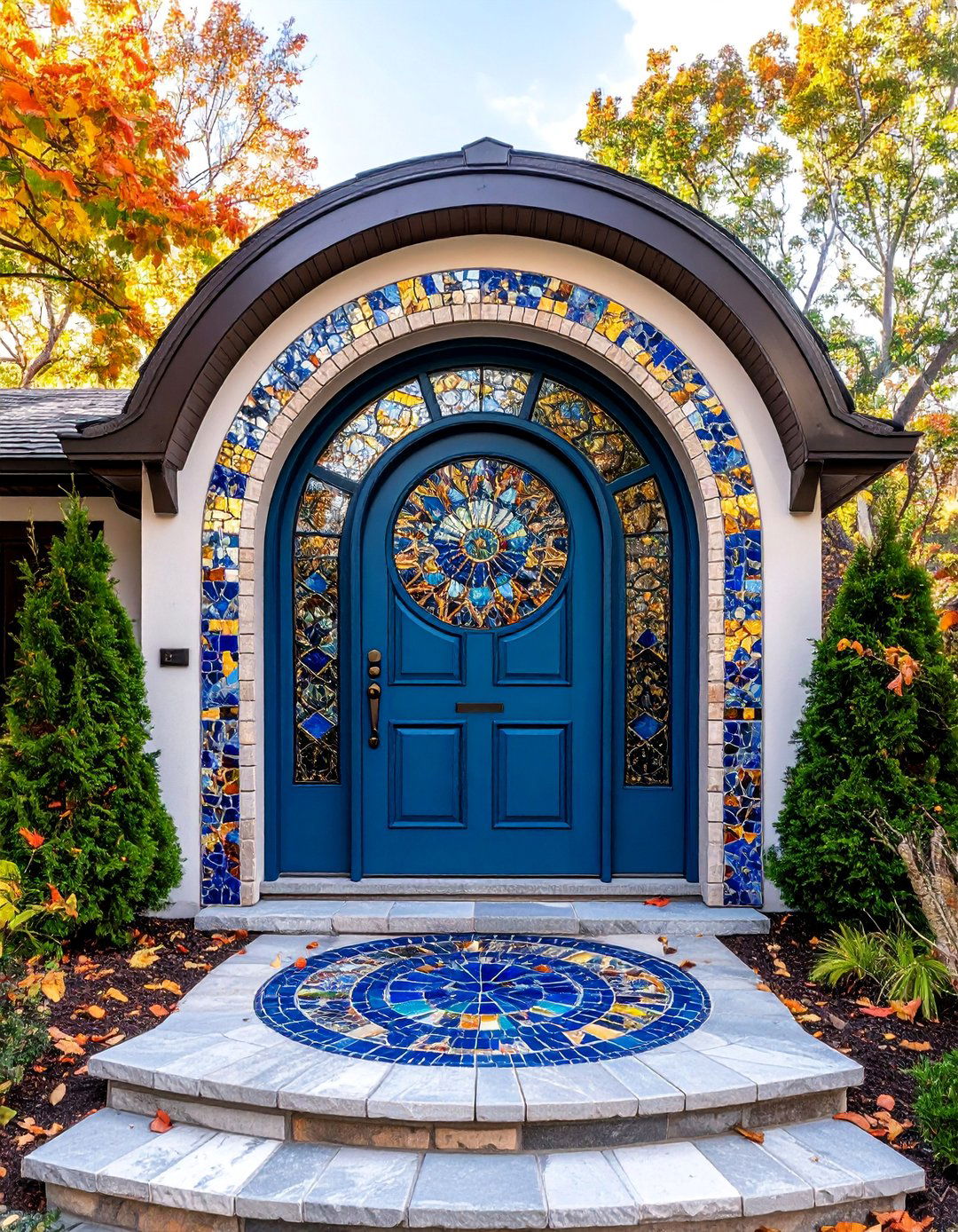 Round Top Door with Mosaic Tile Accents - 25 Mediterranean Front Door Ideas