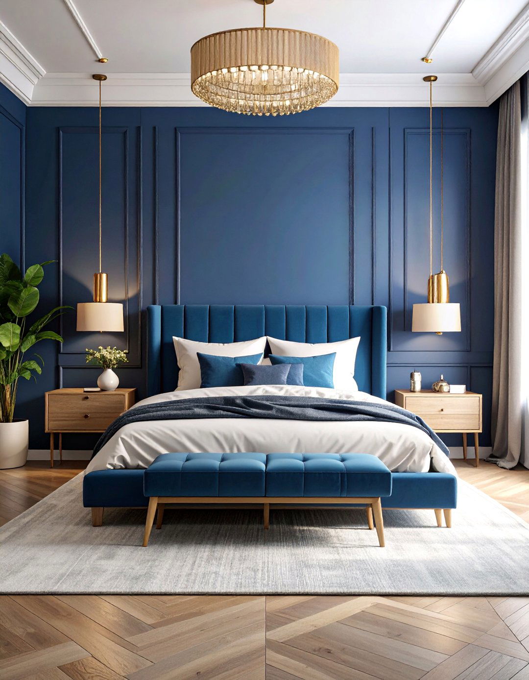 Royal Blue Accent Wall with Neutral Balance - 25 Moody Blue Bedroom Ideas