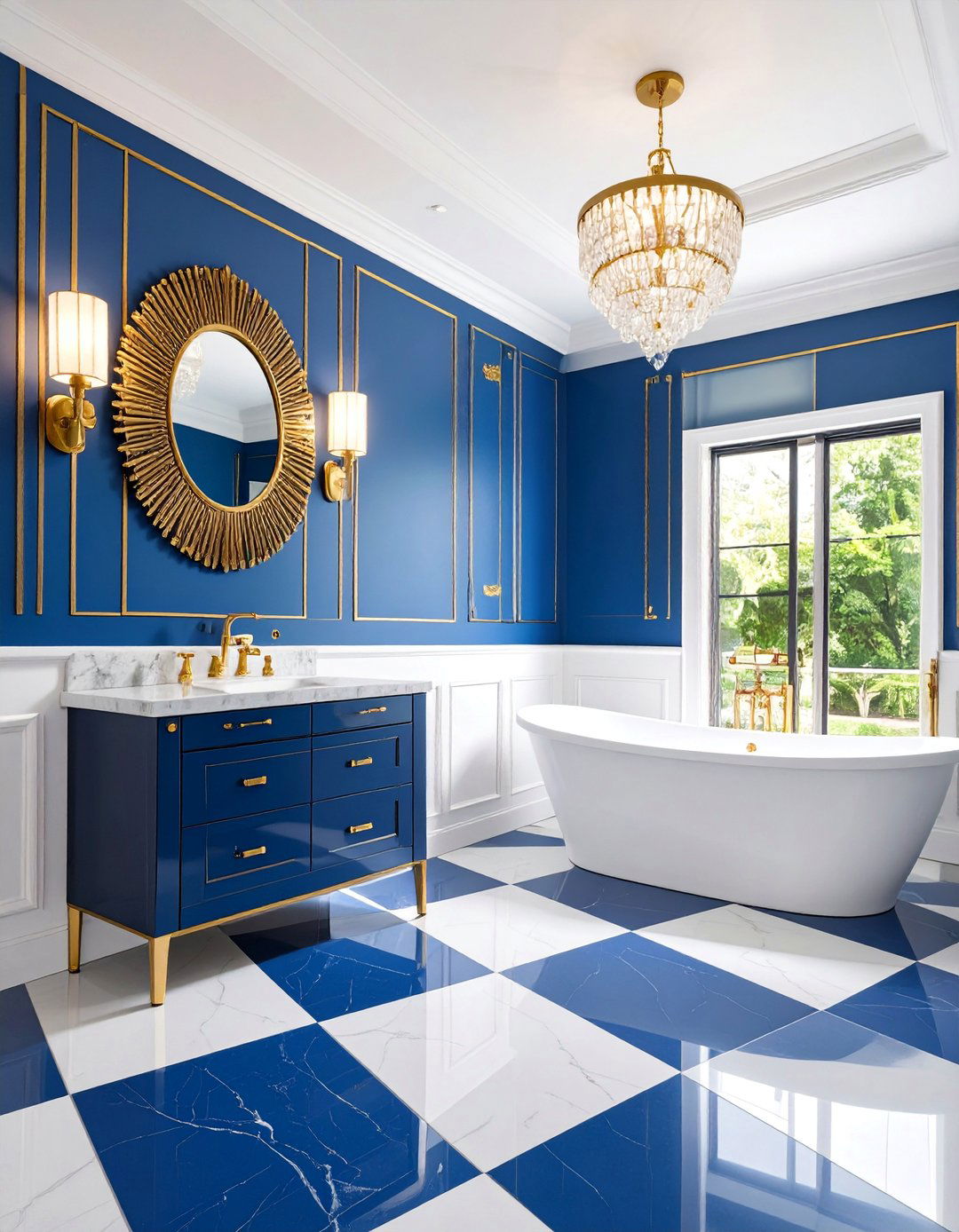 Royal Blue Art Deco Powder Room with Geometric Patterns - 25 blue powder room ideas