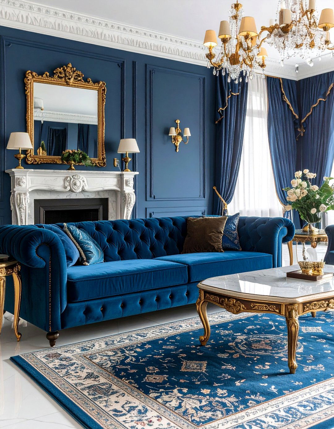 Royal Blue Chesterfield with Traditional English Manor Elements - 25 Blue Couch Living Room Ideas