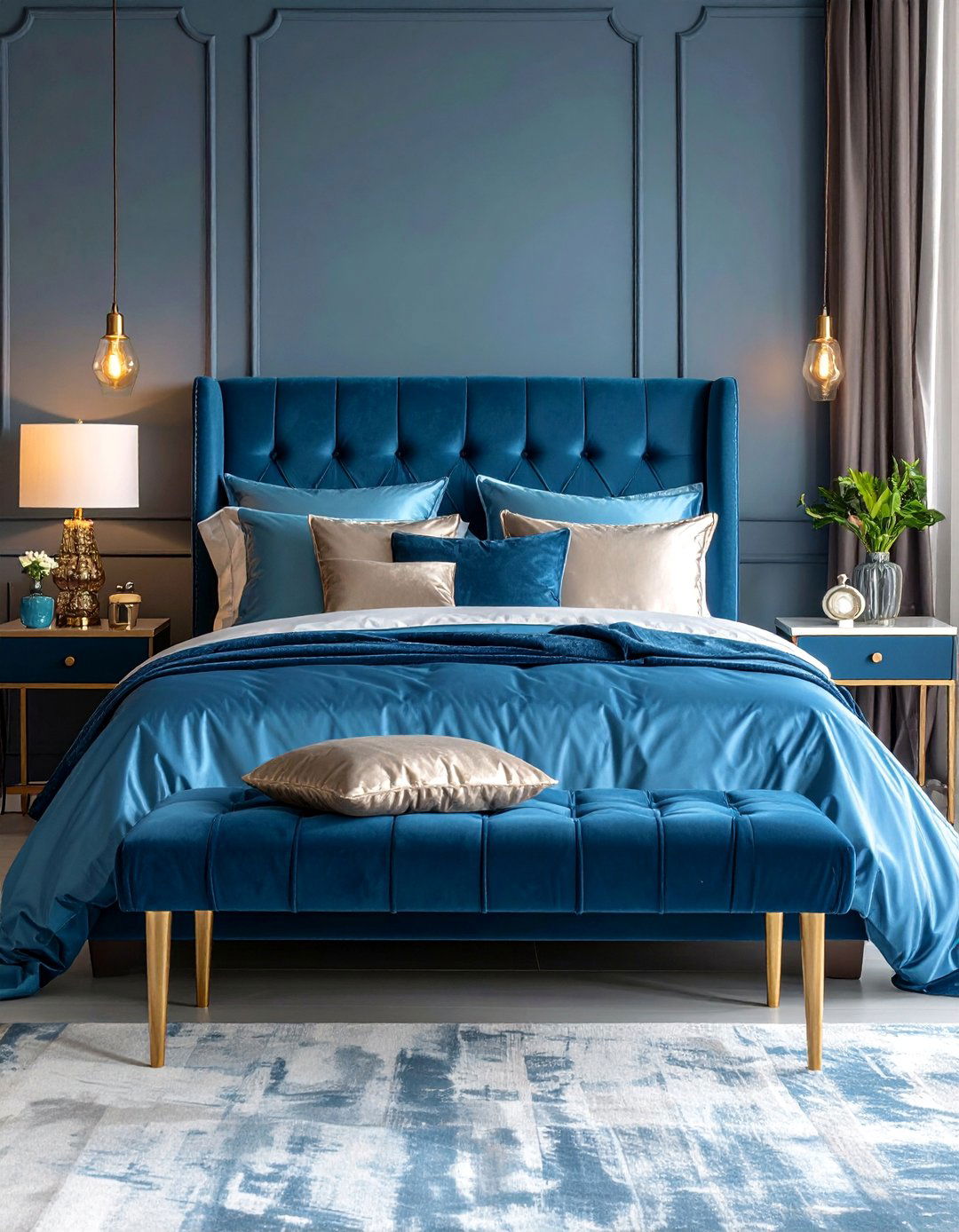 Royal Blue Modern Glam Bedroom with Metallic Accents - 25 Royal Blue Bedroom Ideas