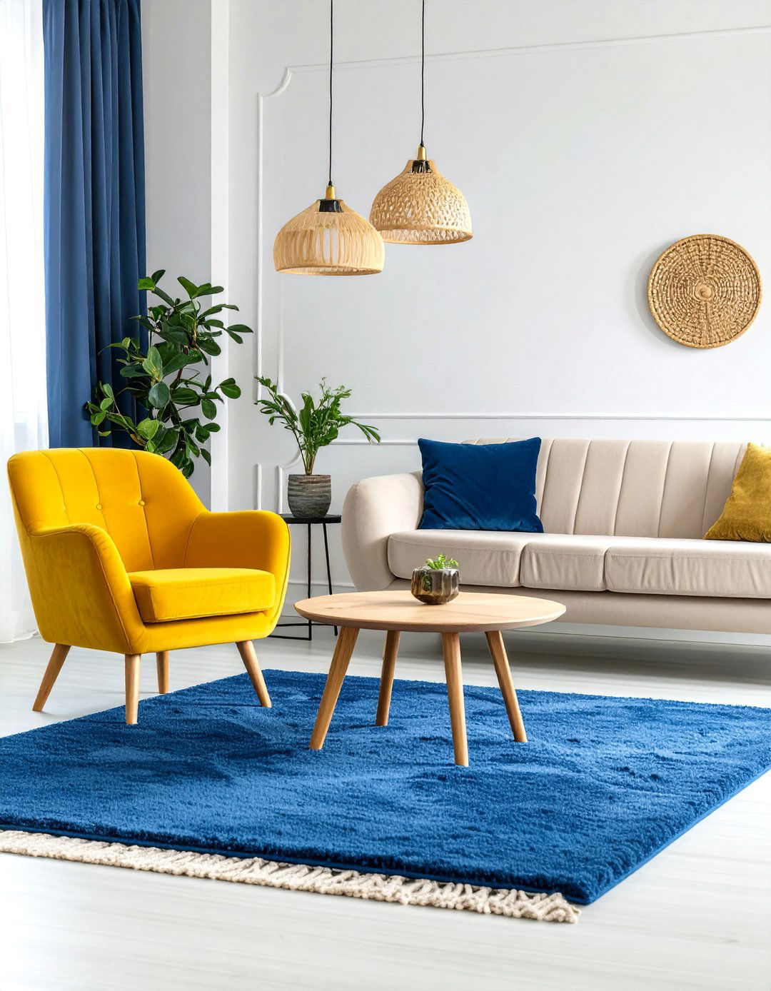 Royal Blue Rug with Yellow Accent Chairs - 25 Yellow and Blue Living Room Ideas