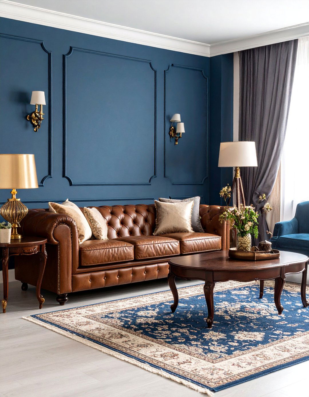Royal Blue Traditional Living Room with Rich Wood Accents - 25 Blue Living Room Ideas