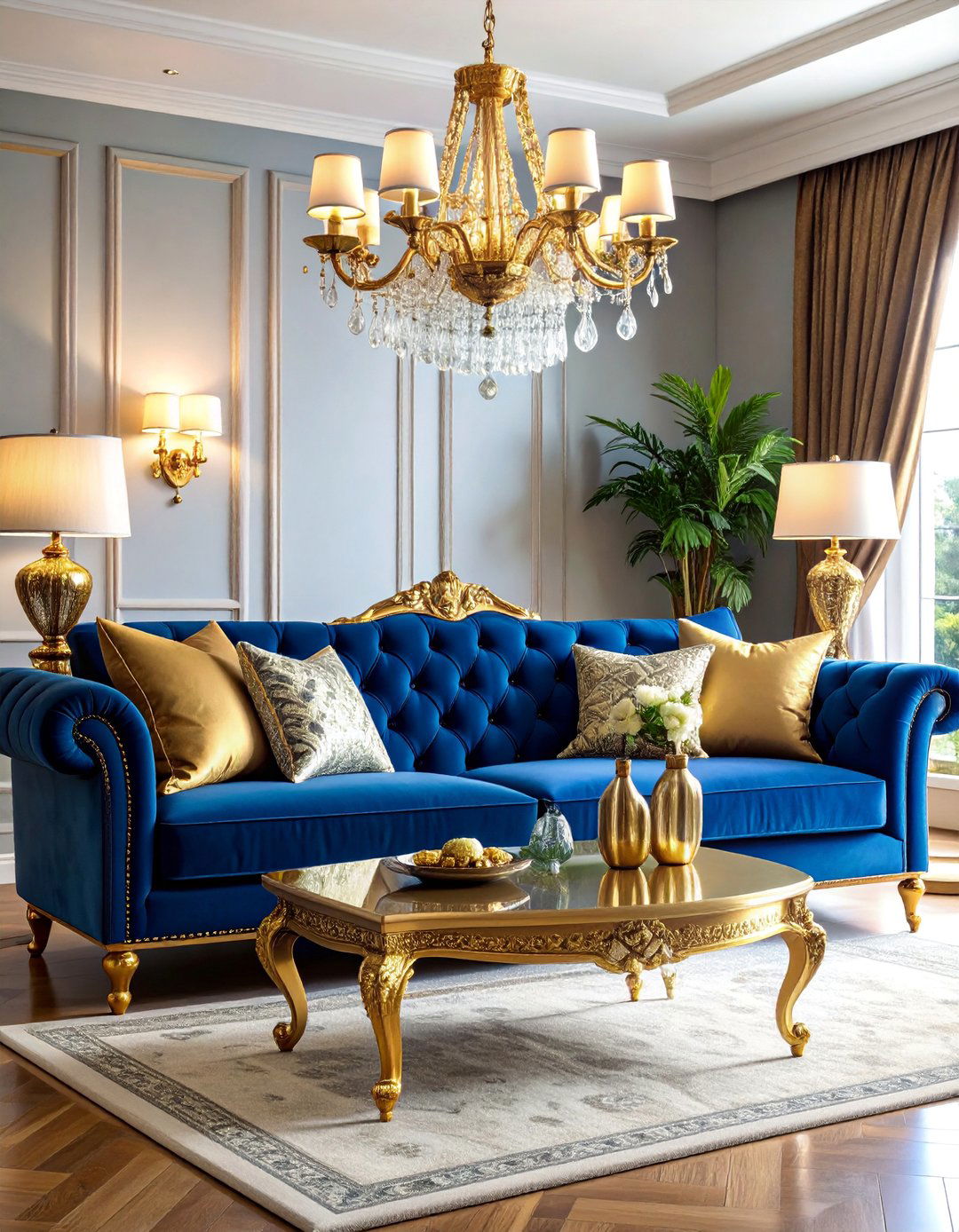 Royal Blue Velvet Living Room with Gold Accents - 25 Blue and Gold Living Room Ideas