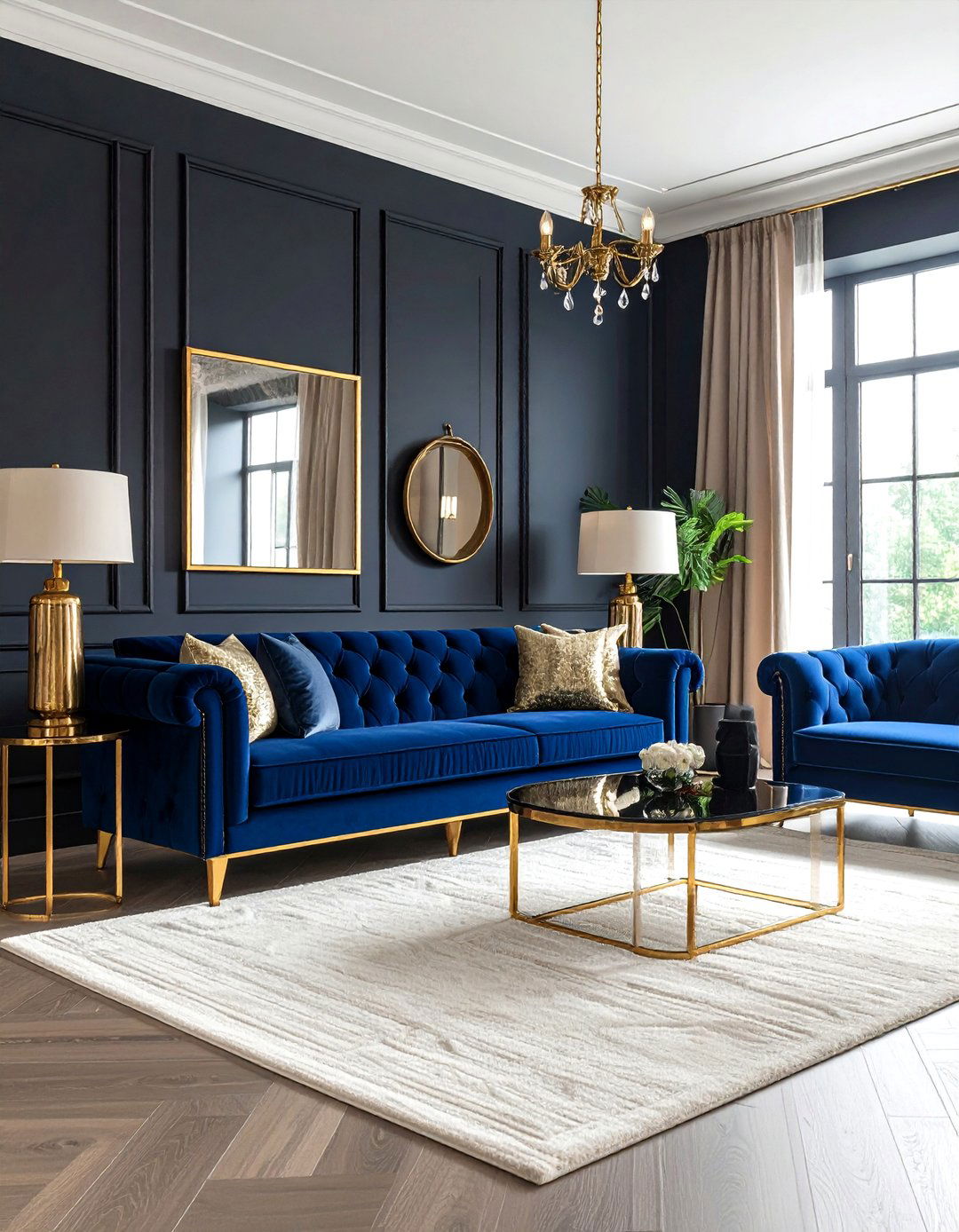 Royal Blue Velvet Sofa with Black Accent Walls - 25 Black and Blue Living Room Ideas