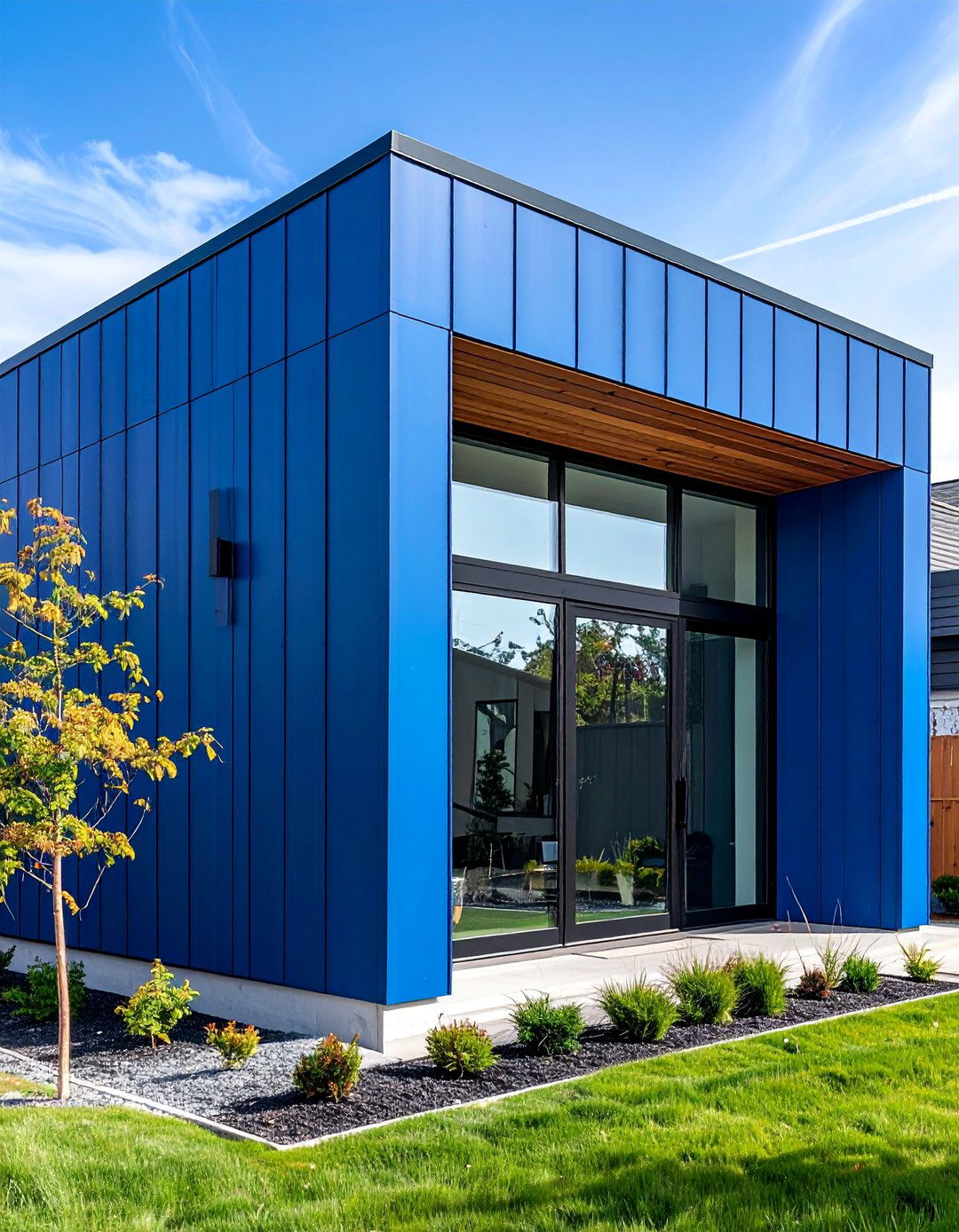 Royal Blue Vertical Siding with Glass and Steel Details - 25 Midnight Blue & Dark Blue House Siding Colors