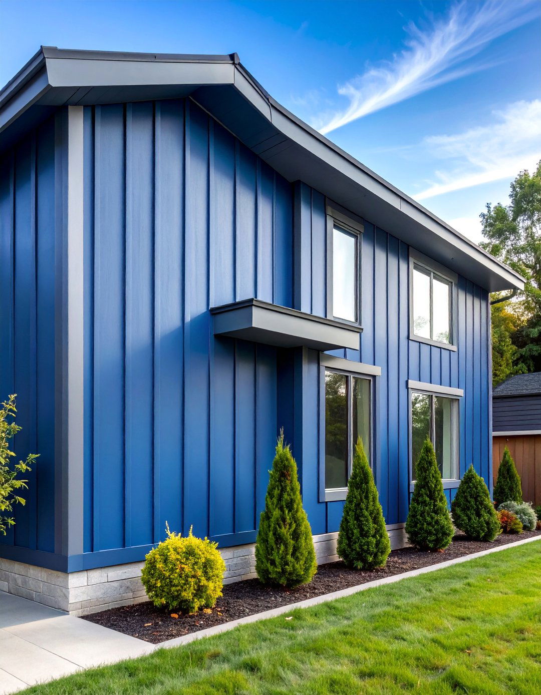 Royal Blue Vertical Siding with Light Gray Accents - 25 Midnight Blue & Dark Blue House Siding Colors