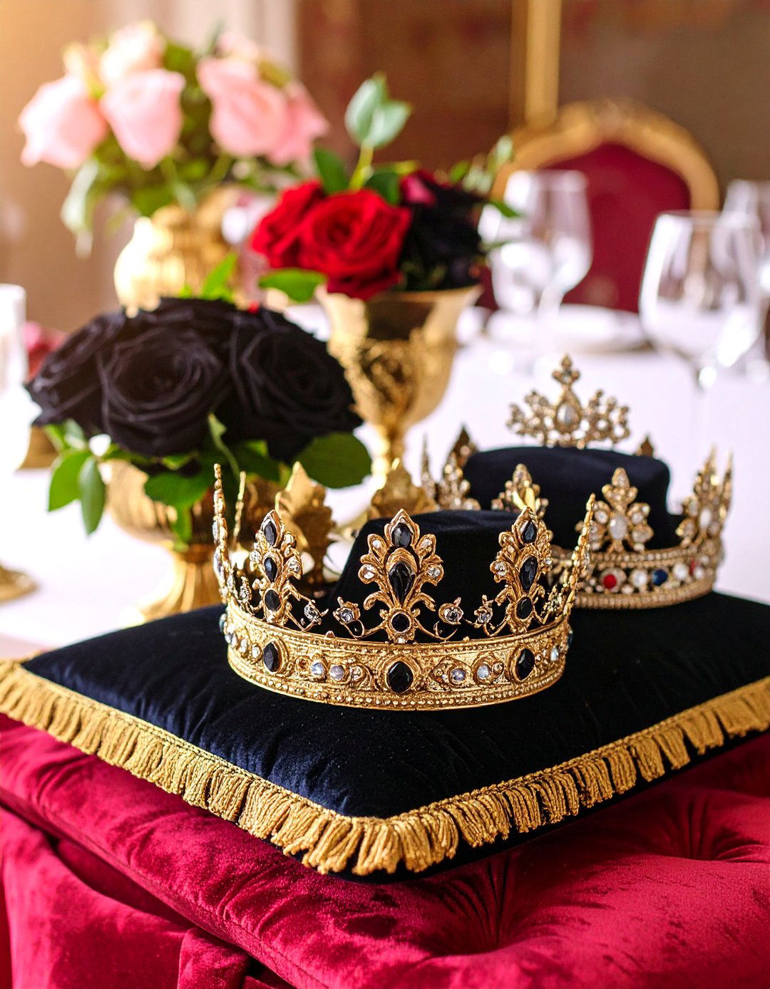 Royal Crown Jewels Display - 25 Black and Gold Centerpiece Ideas