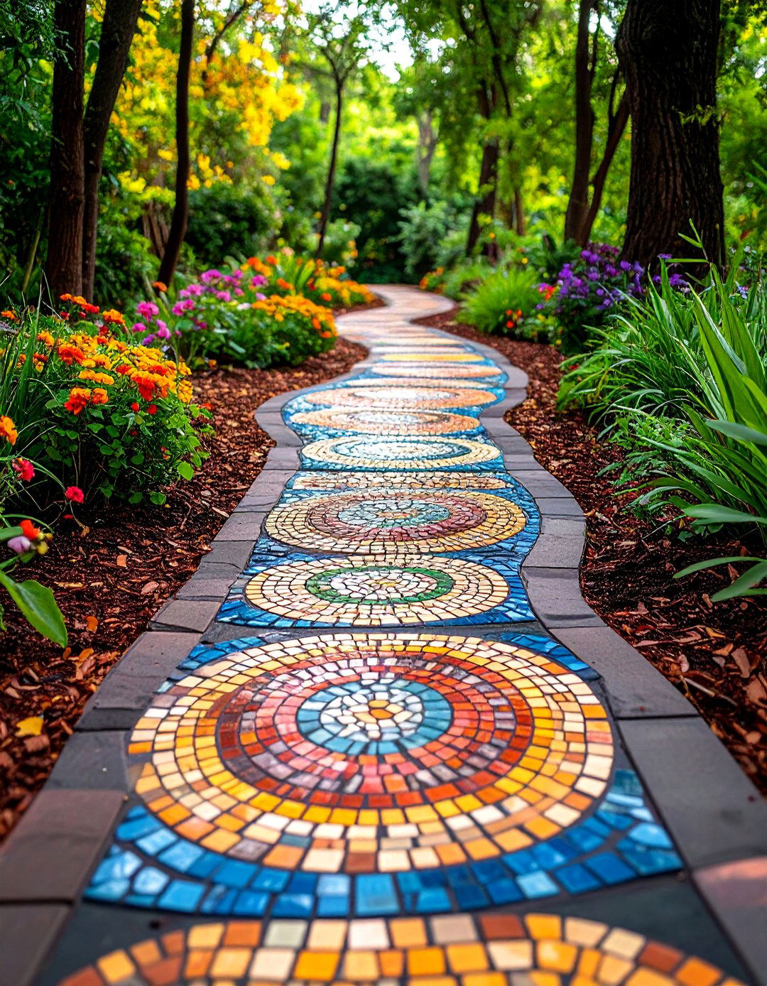 Rubber Mulch Pathway with Mosaic Stepping Stone Features - 25 Mulch Pathway Ideas
