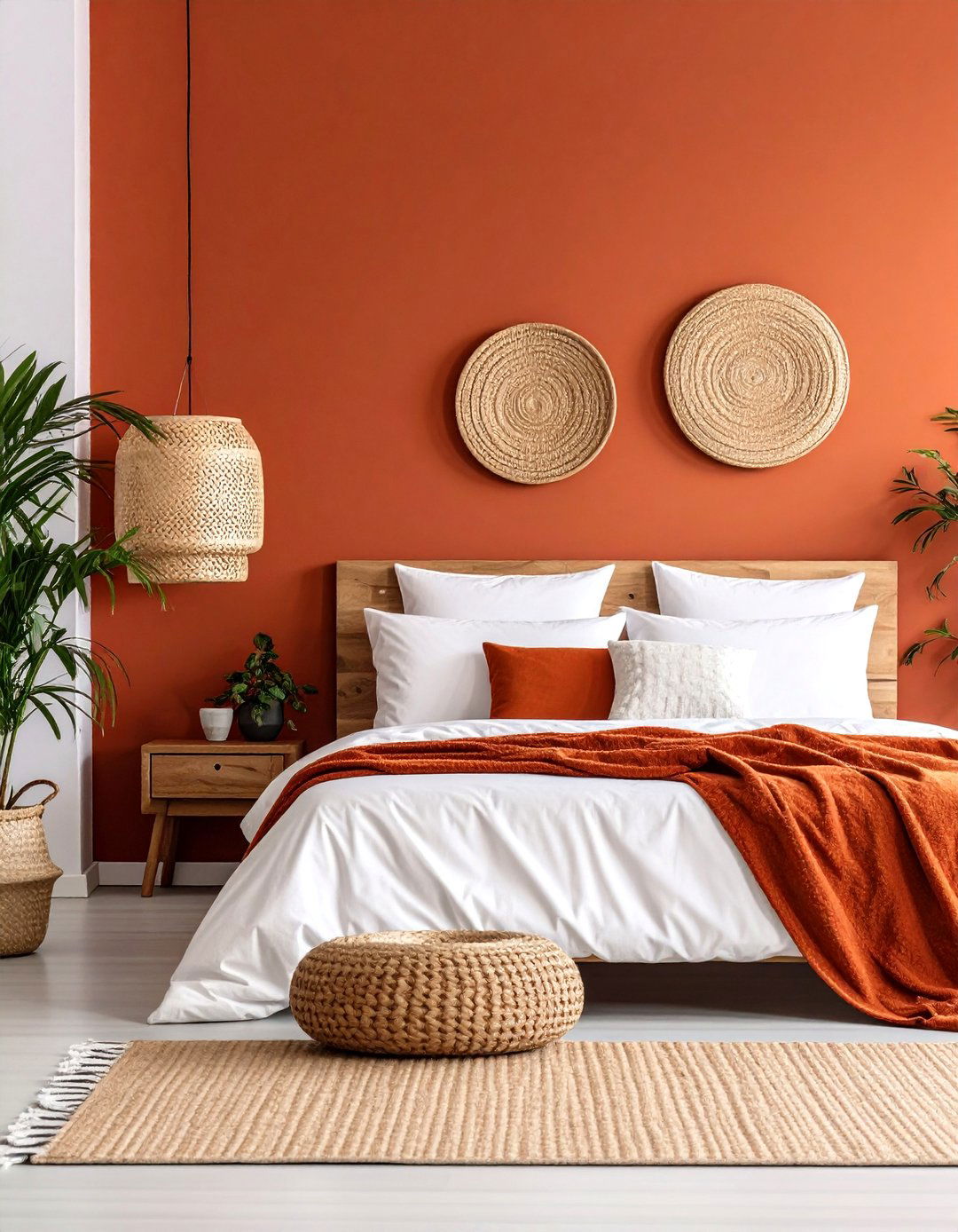Rust Accent Wall with Neutral Bedding - 25 Rust Bedroom Ideas