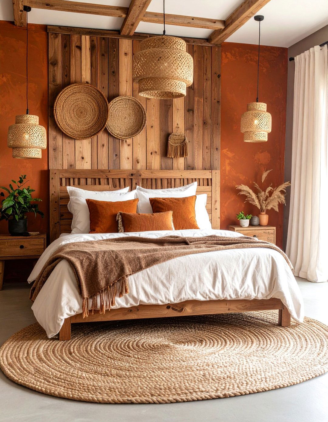 Rust and Cream Bedroom with Woven Wall Art - 25 Colorful Boho Bedroom Ideas