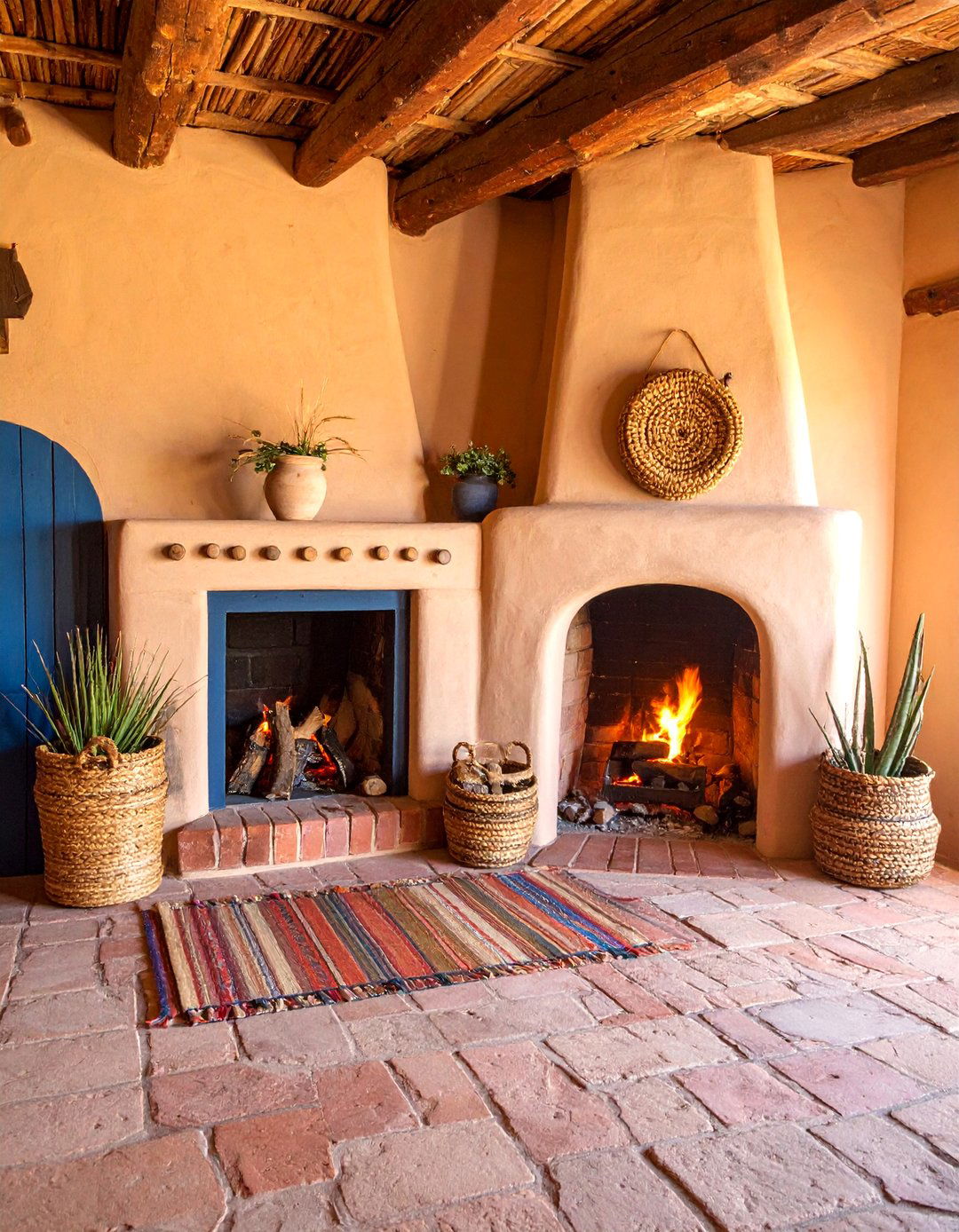 Rustic Adobe Fireplace with Nicho Shelves - 25 Spanish Style Fireplace Ideas