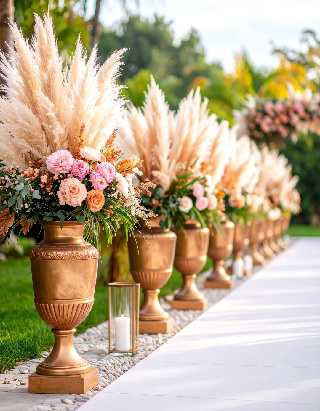 Rustic Aisle Markers with Golden Urns - 25 Pampas Grass Wedding Decor Ideas