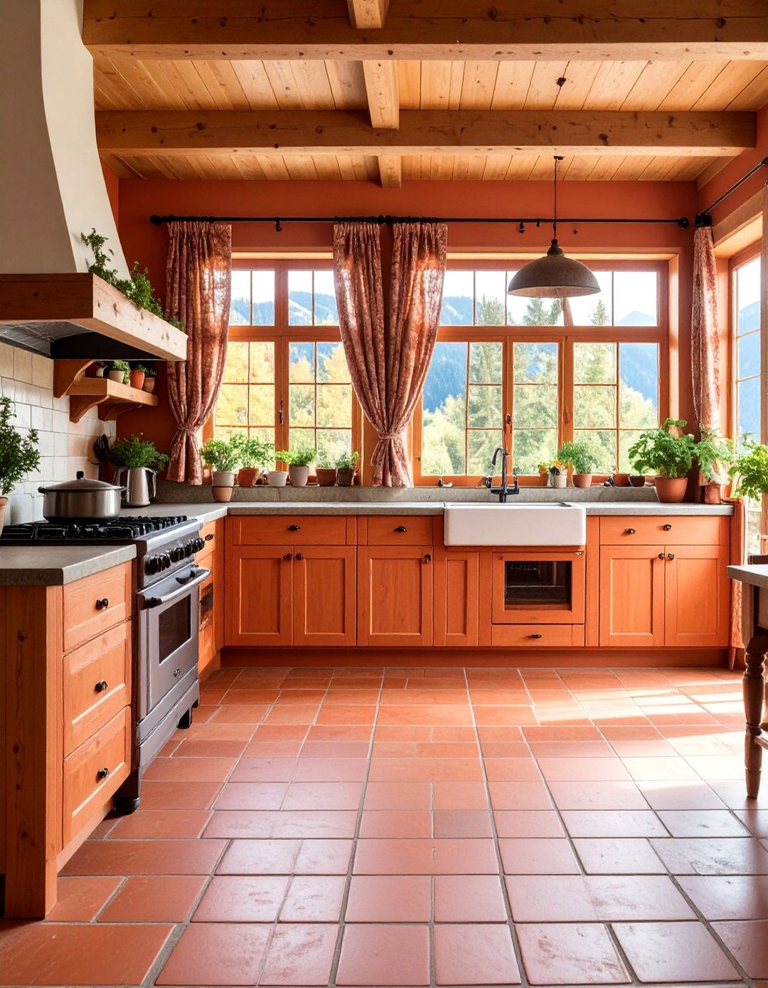Rustic Alpine Terracotta Kitchen Floor with Wood Burning Stove - 25 Terracotta Kitchen Floor Ideas