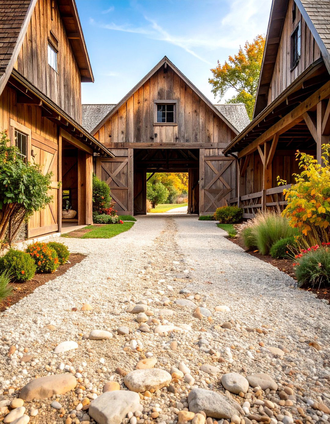 Rustic Barn Style Gravel Drive with Reclaimed Wood Elements - 25 Gravel Driveway Ideas