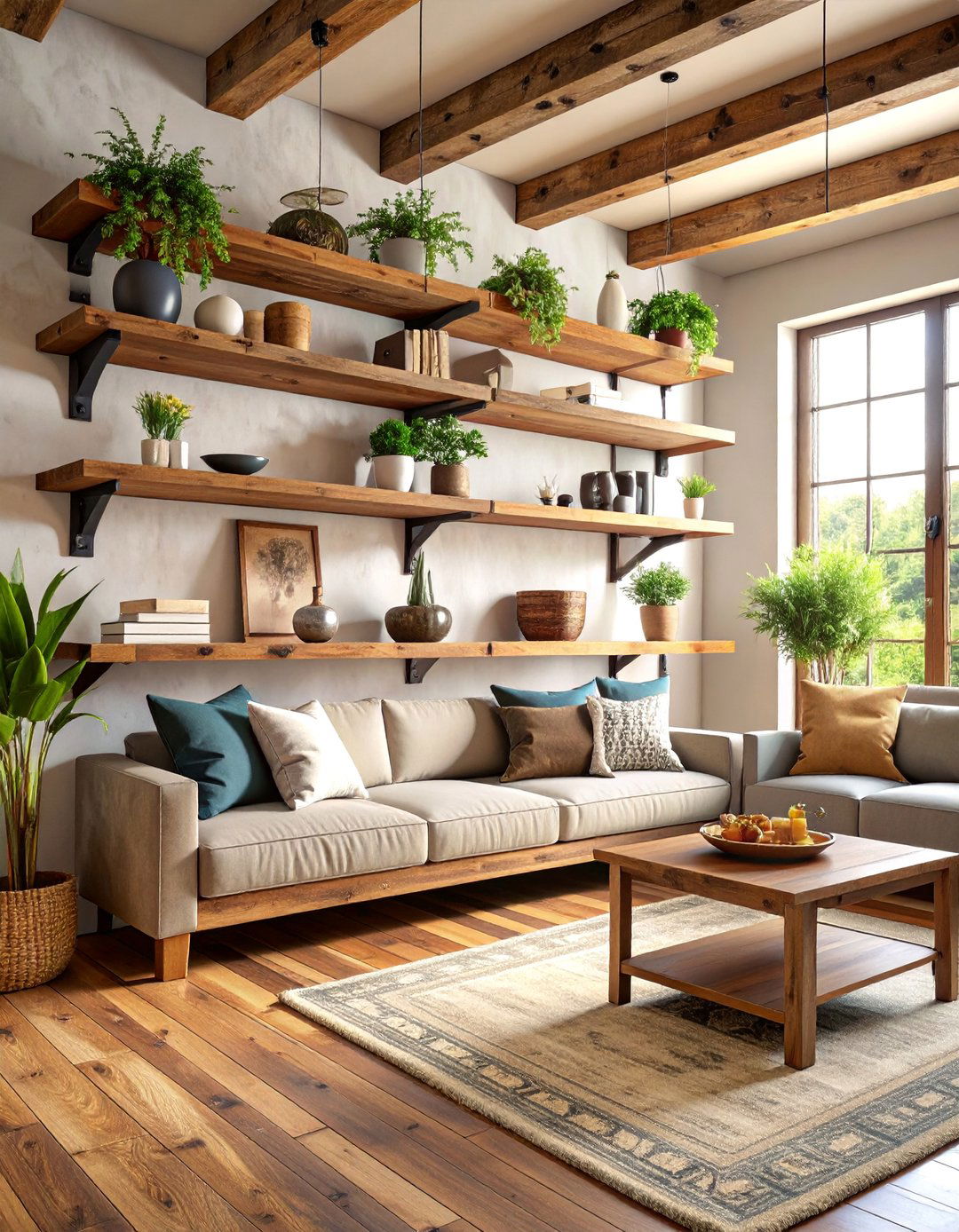 Rustic Barn Wood Floating Shelves - 25 Living Room Bookshelf Ideas