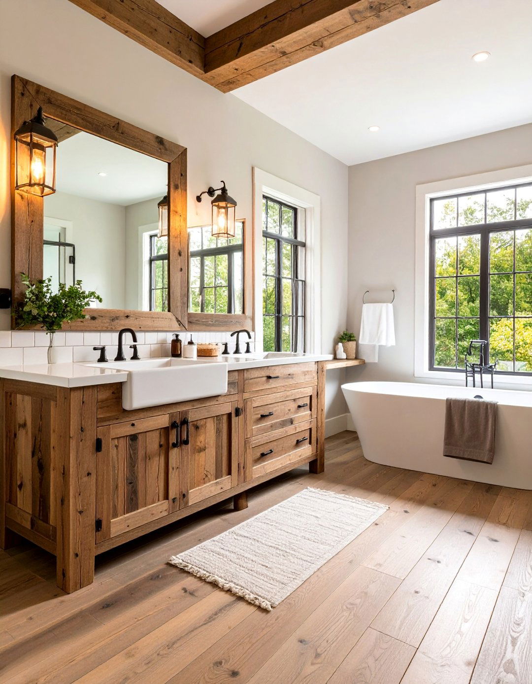Rustic Barn Wood Vanity with Black Iron Accents - 25 Black and Wood Bathroom Ideas