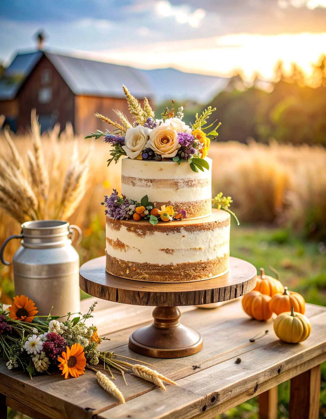 Rustic Barnyard Naked Cake with Farm Elements - 25 Naked and Semi-naked Wedding Cake Ideas